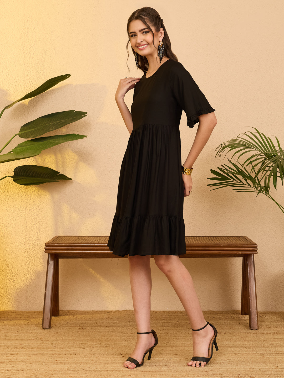 Janasya Women's Black Rayon Solid Gathered Dress