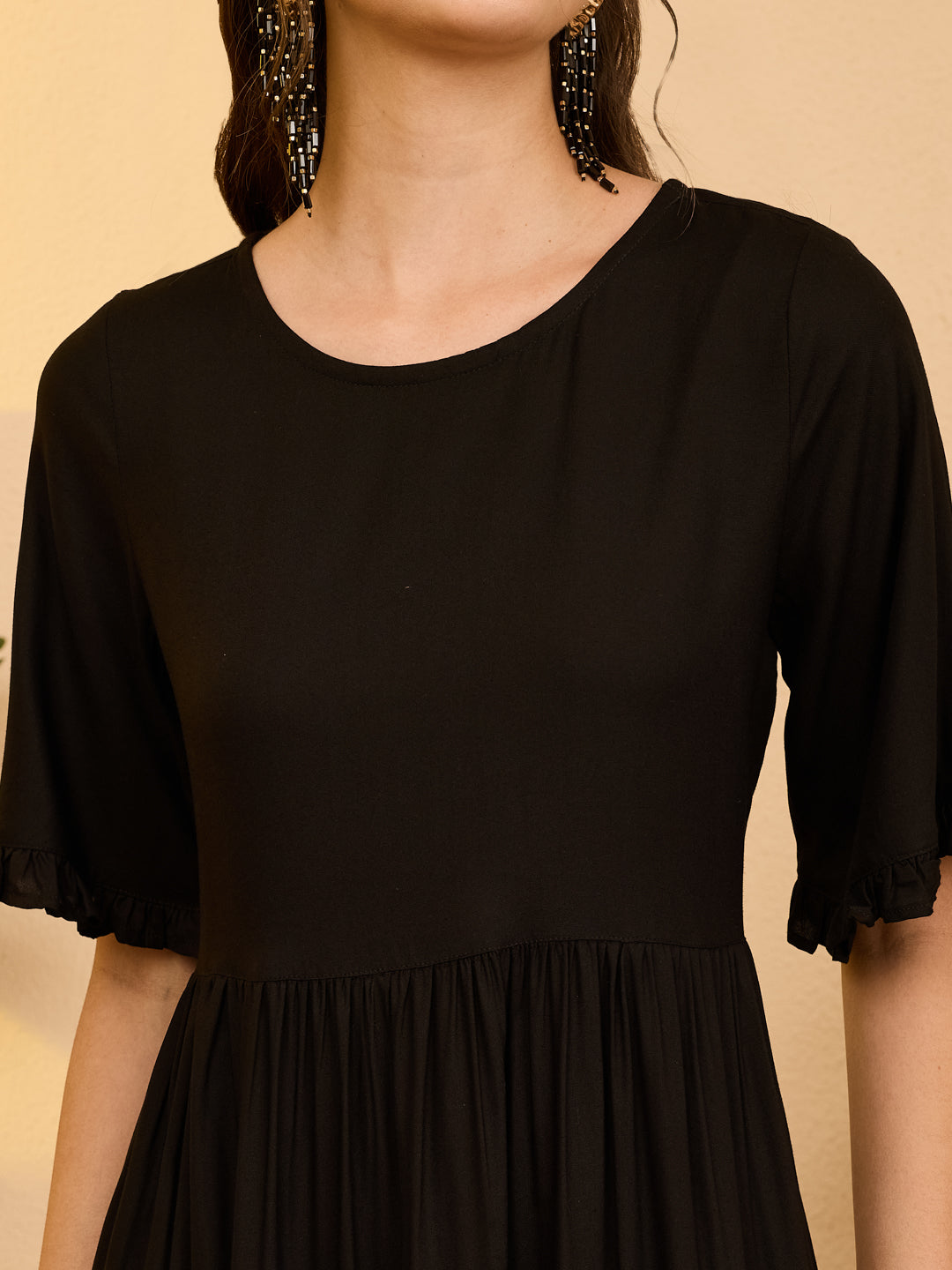 Janasya Women's Black Rayon Solid Gathered Dress