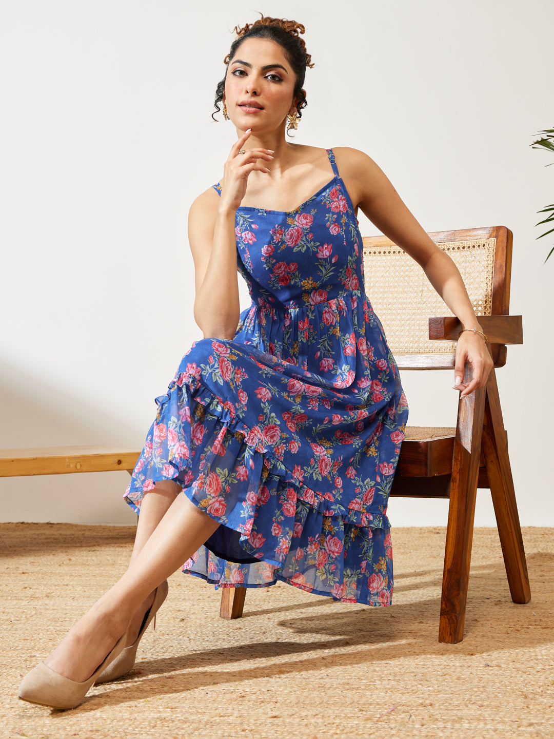 Janasya Women's Blue Georgette Floral Printed Gathered A-line Dress