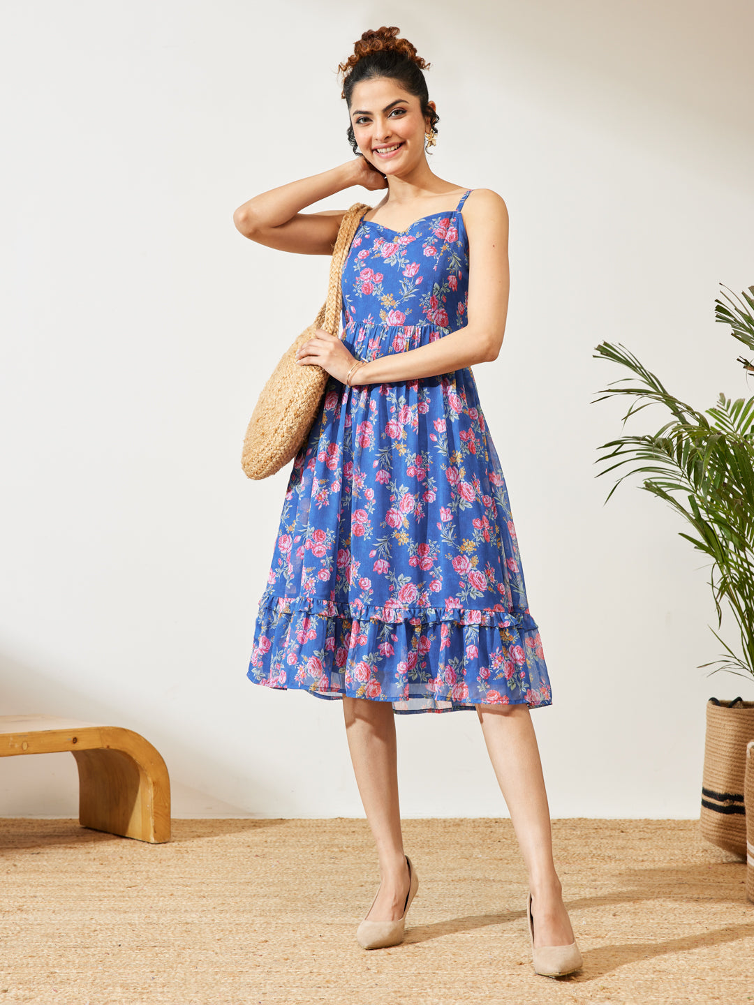 Janasya Women's Blue Georgette Floral Printed Gathered A-line Dress