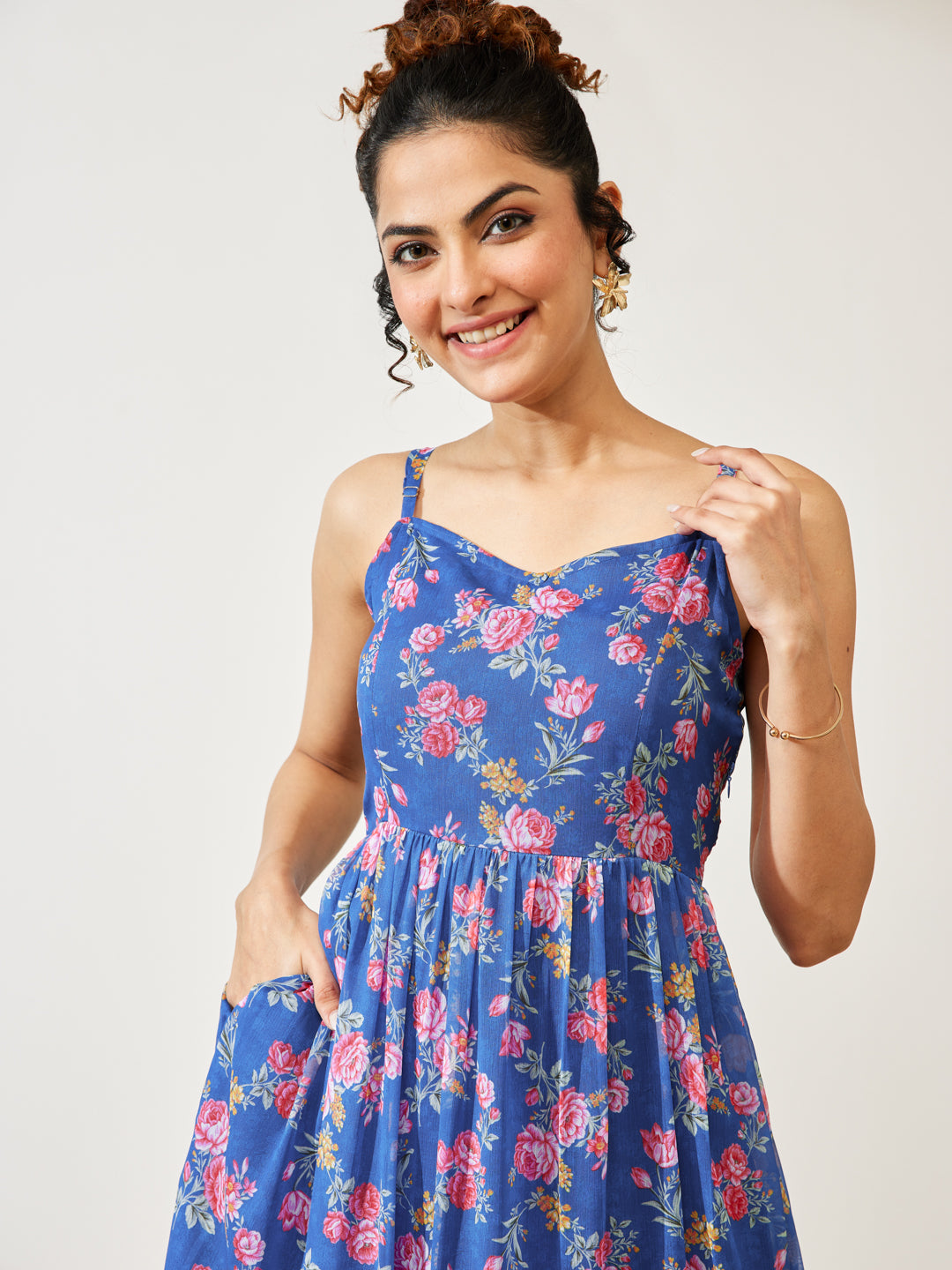 Janasya Women's Blue Georgette Floral Printed Gathered A-line Dress