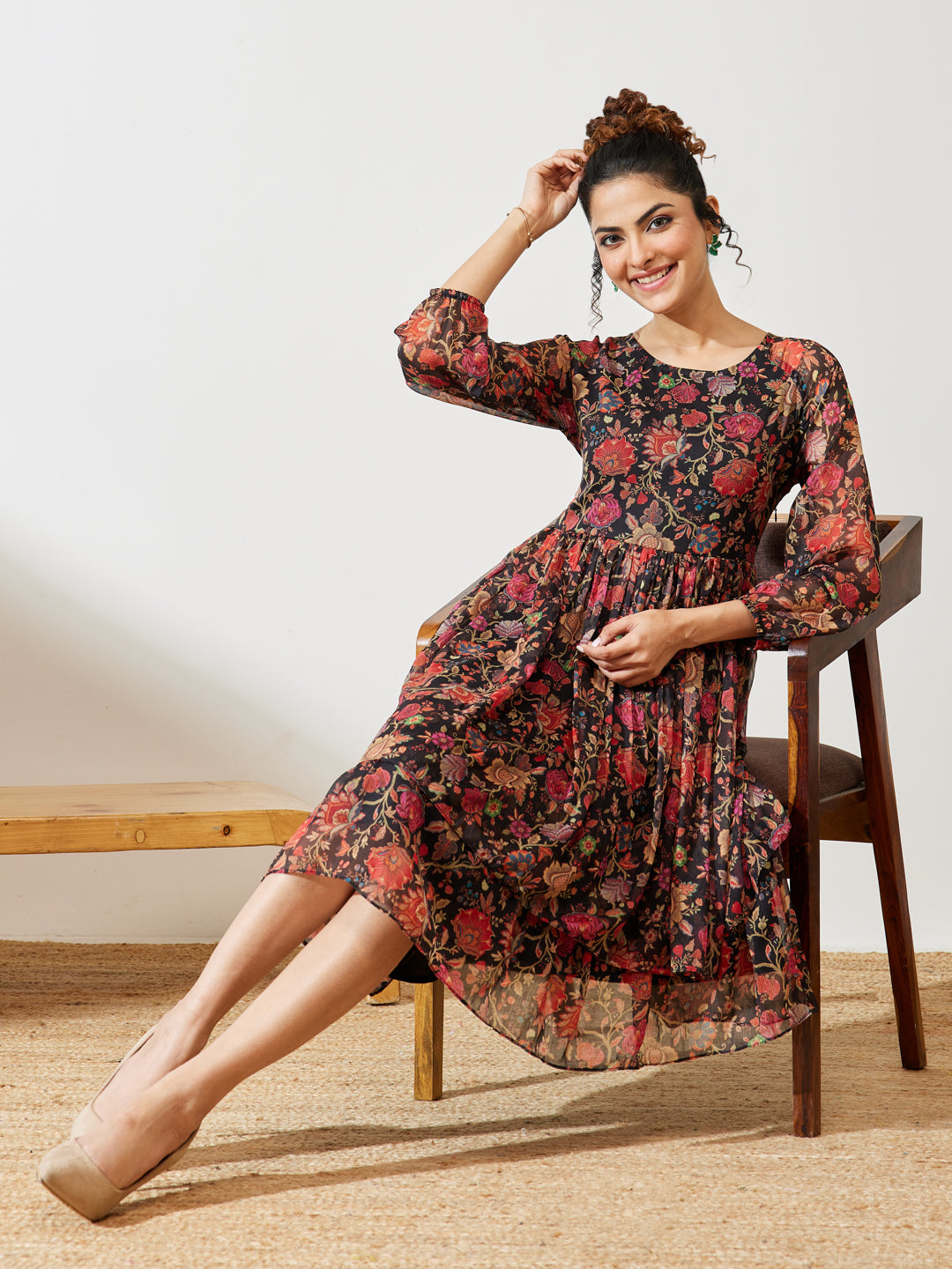 Janasya Women's Black Georgette Floral Printed A-line Dress