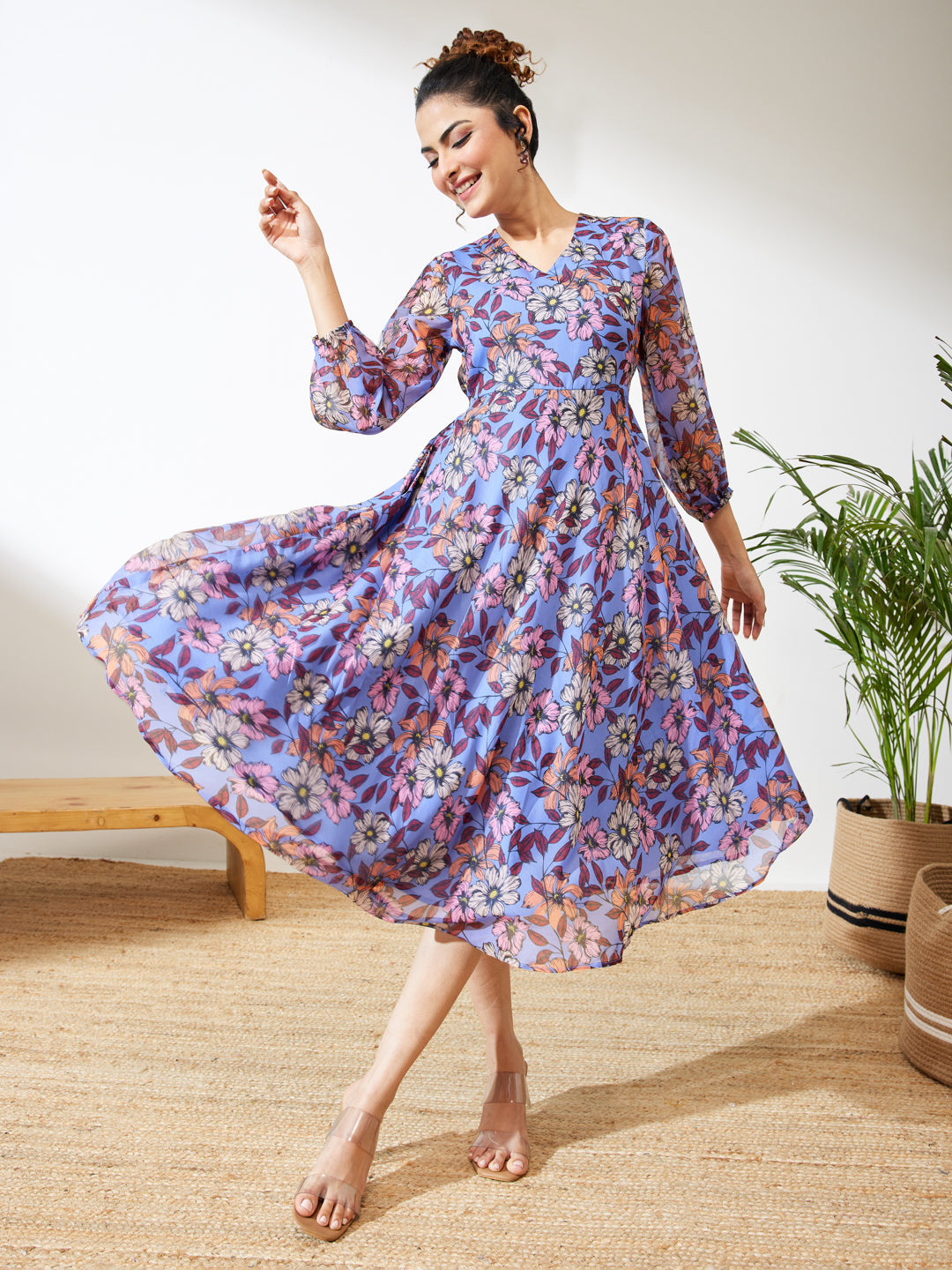 Janasya Women's Lavender Georgette Floral Printed A-line Dress