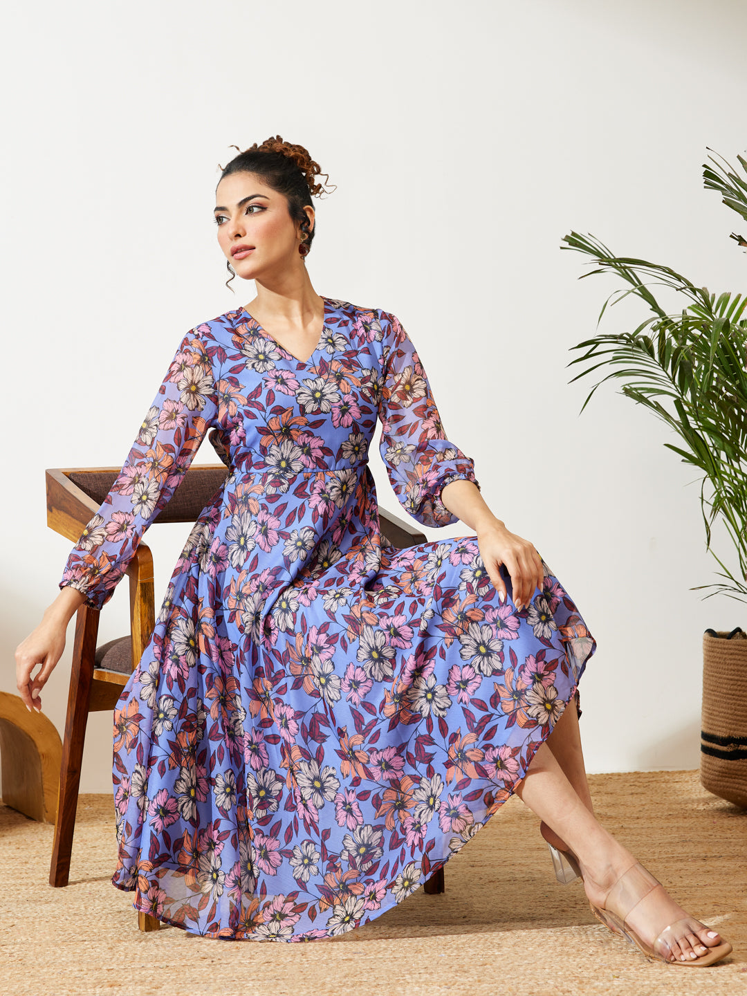 Janasya Women's Lavender Georgette Floral Printed A-line Dress