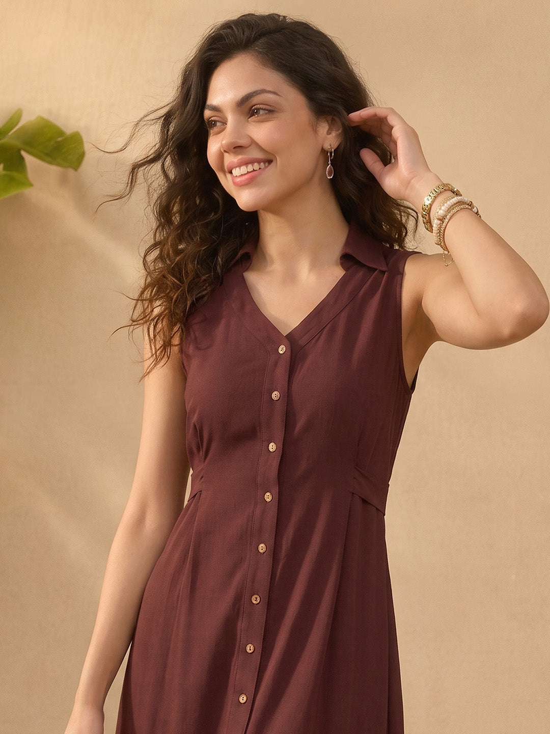 Janasya Women's Brown Rayon Solid A-Line Dress