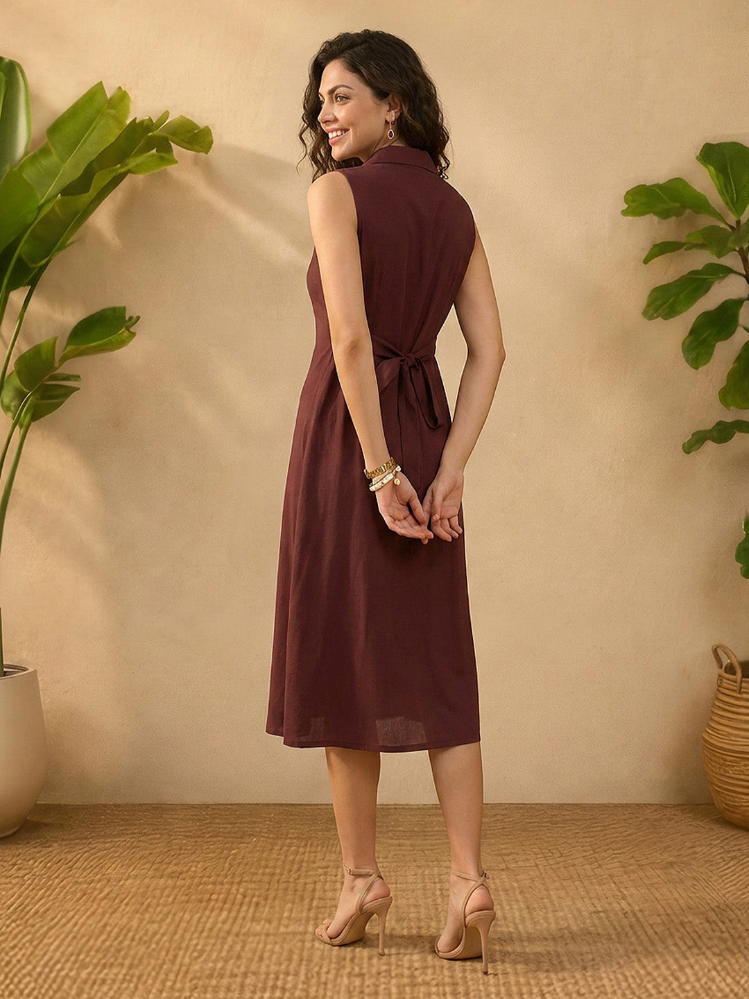Janasya Women's Brown Rayon Solid A-Line Dress