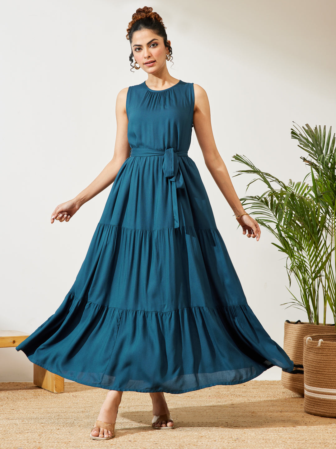 Janasya Women's Teal Blue Rayon Solid Tiered Dress