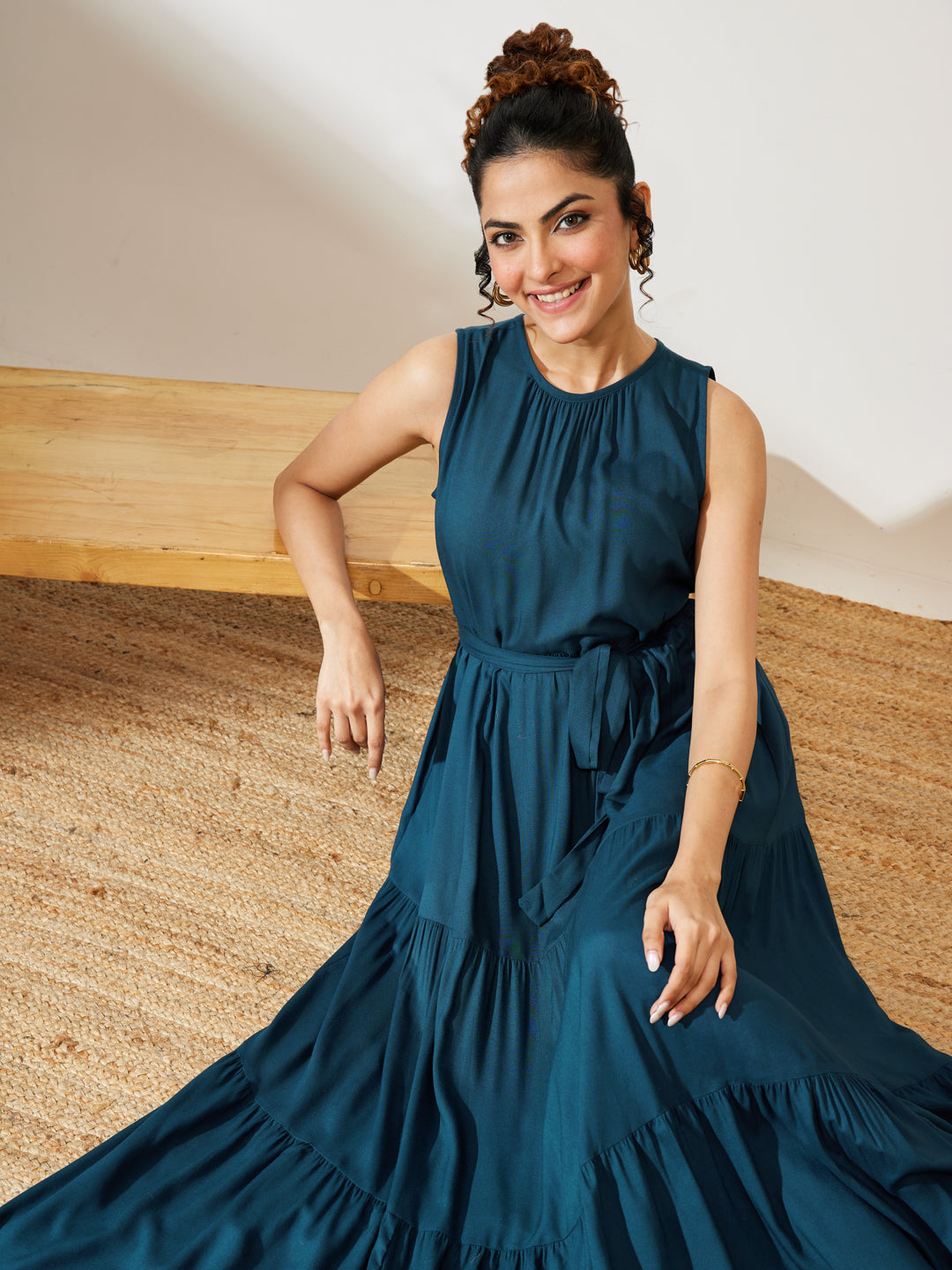 Janasya Women's Teal Blue Rayon Solid Tiered Dress