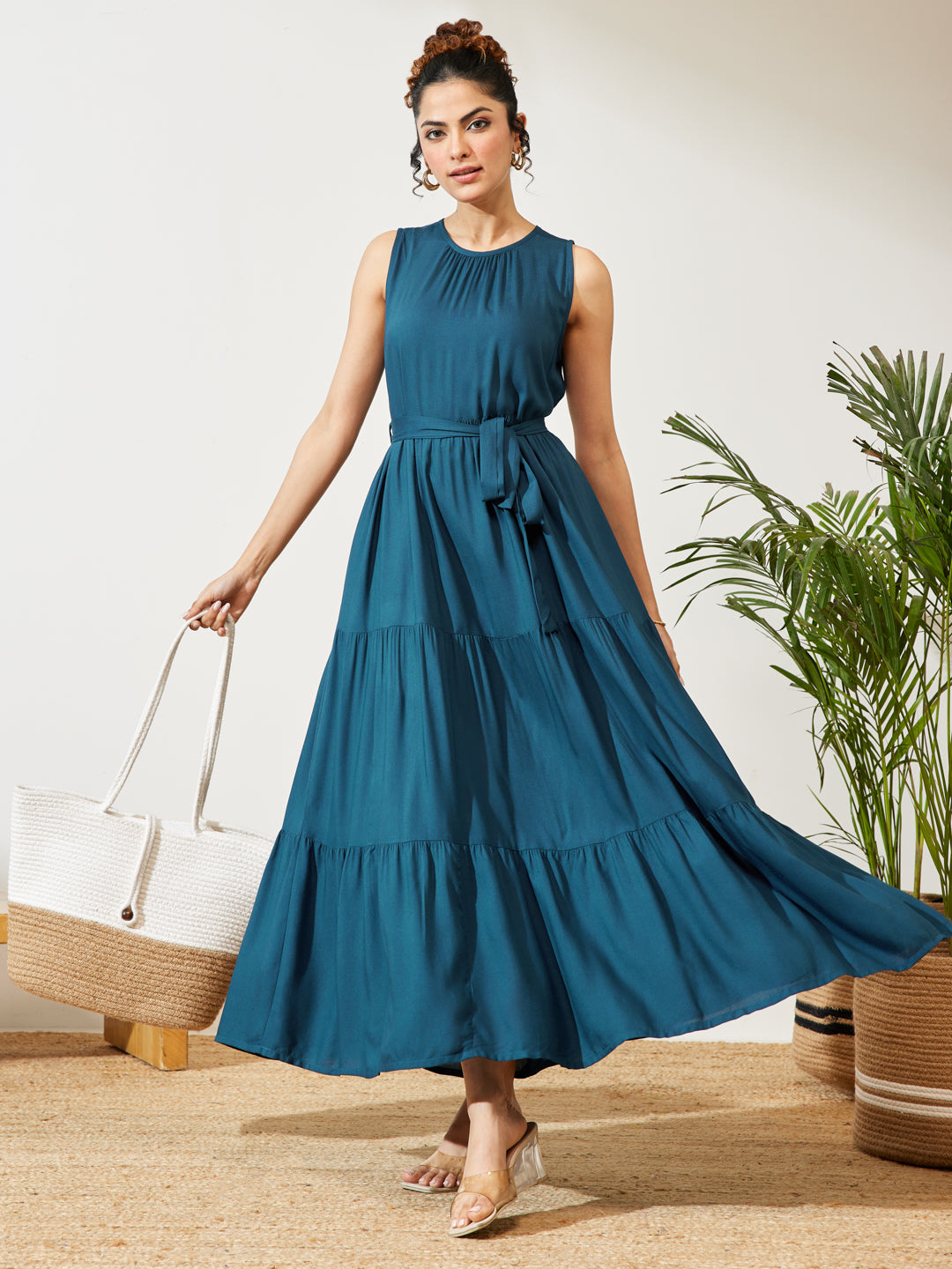 Janasya Women's Teal Blue Rayon Solid Tiered Dress
