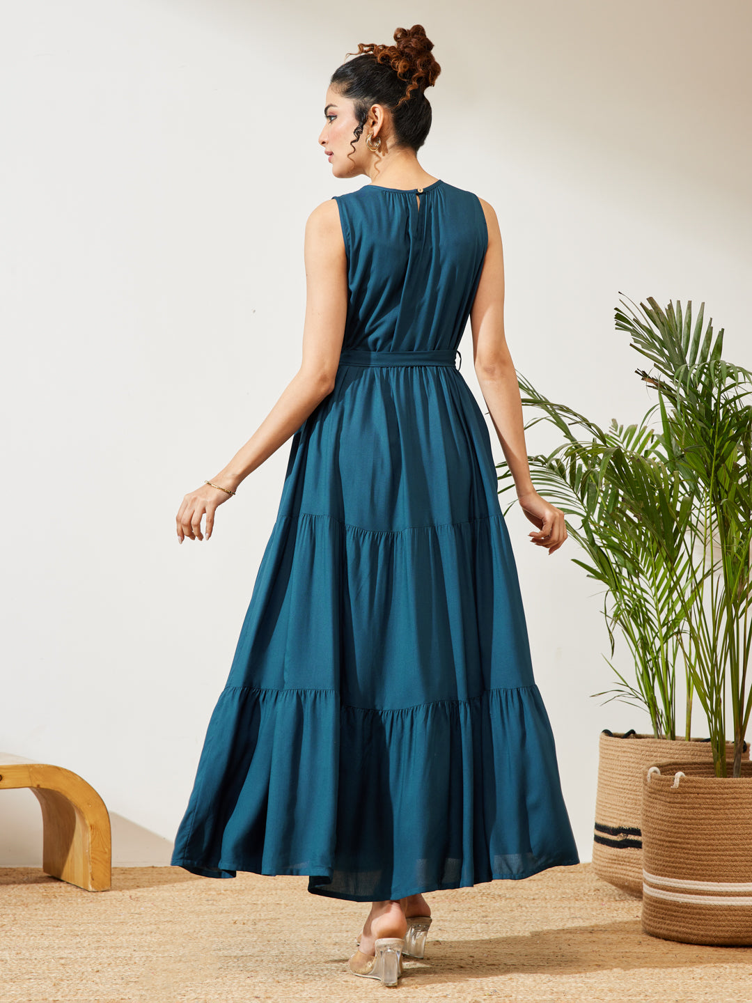Janasya Women's Teal Blue Rayon Solid Tiered Dress