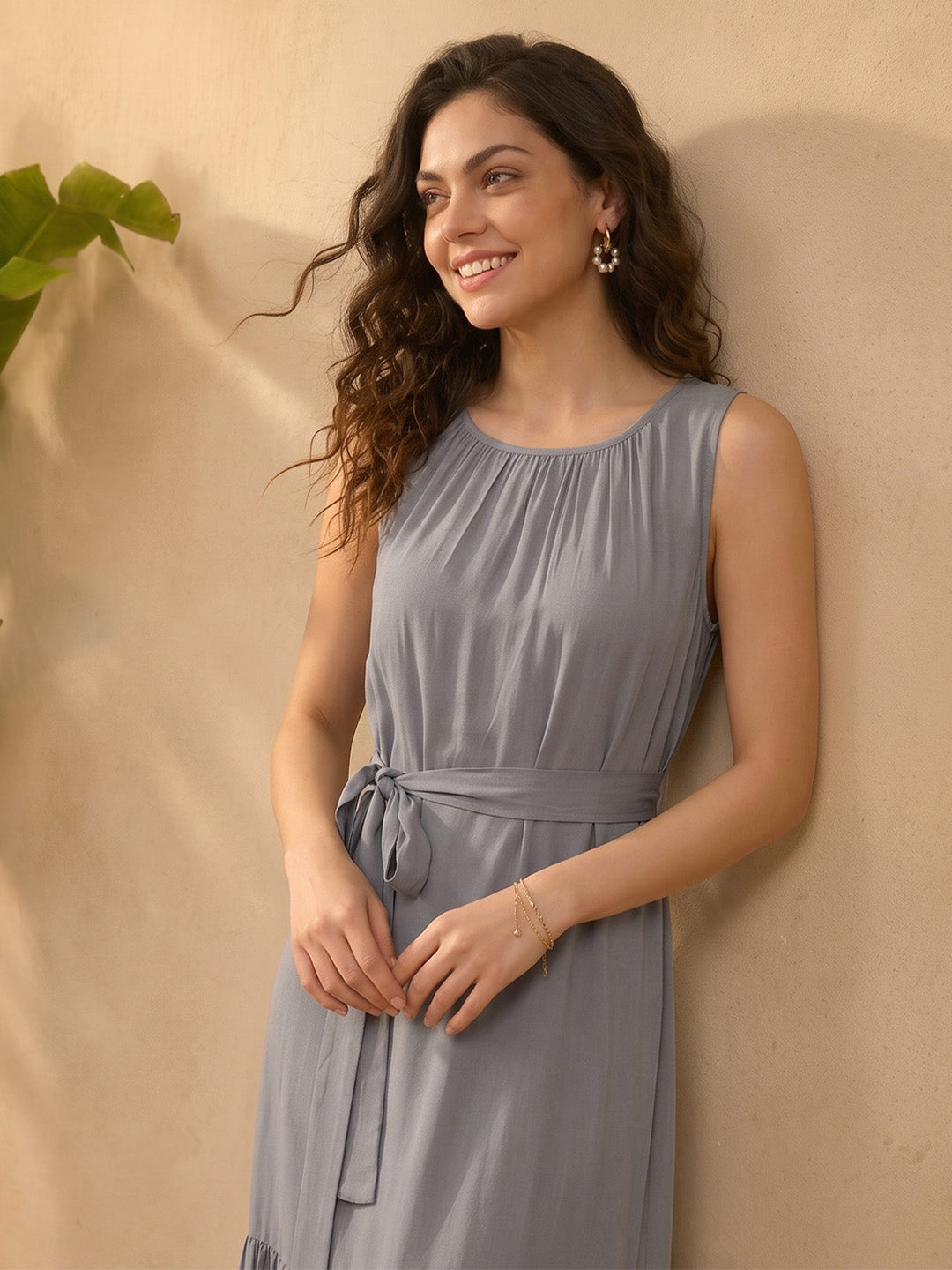 Janasya Women's Grey Rayon Solid Fit & Flare Dress