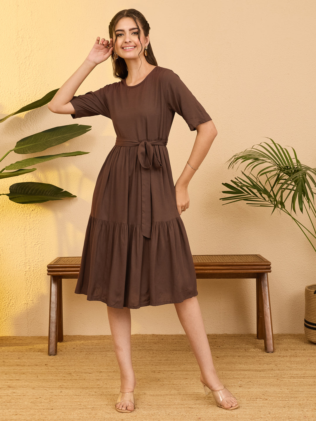 Janasya Women's Brown Rayon Solid Fit & Flare Dress