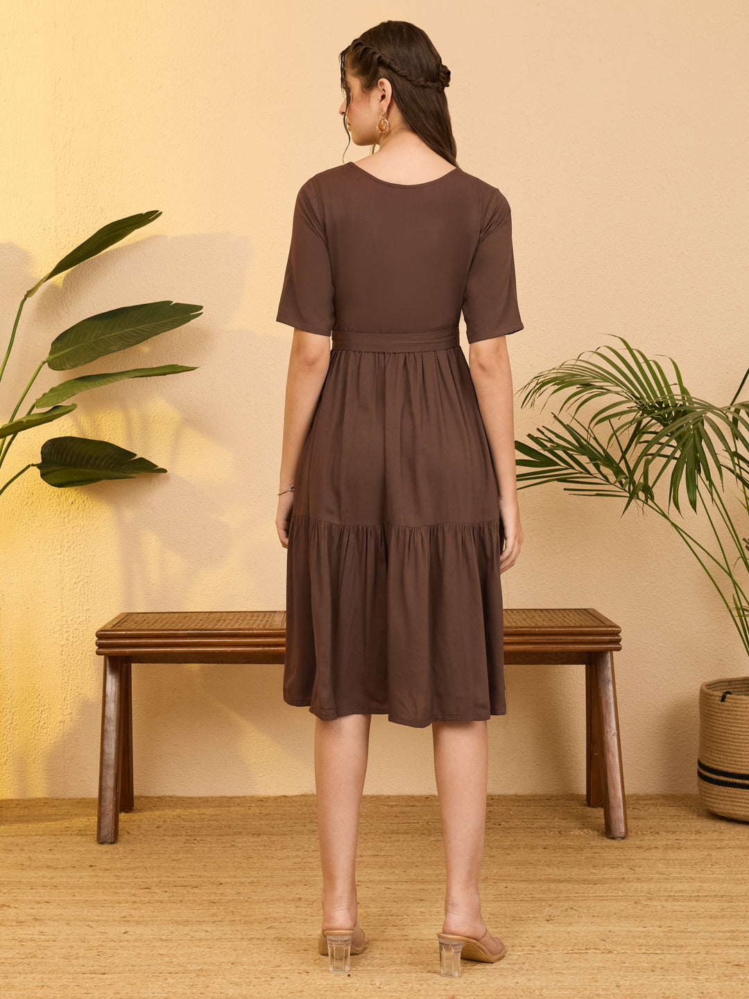 Janasya Women's Brown Rayon Solid Fit & Flare Dress