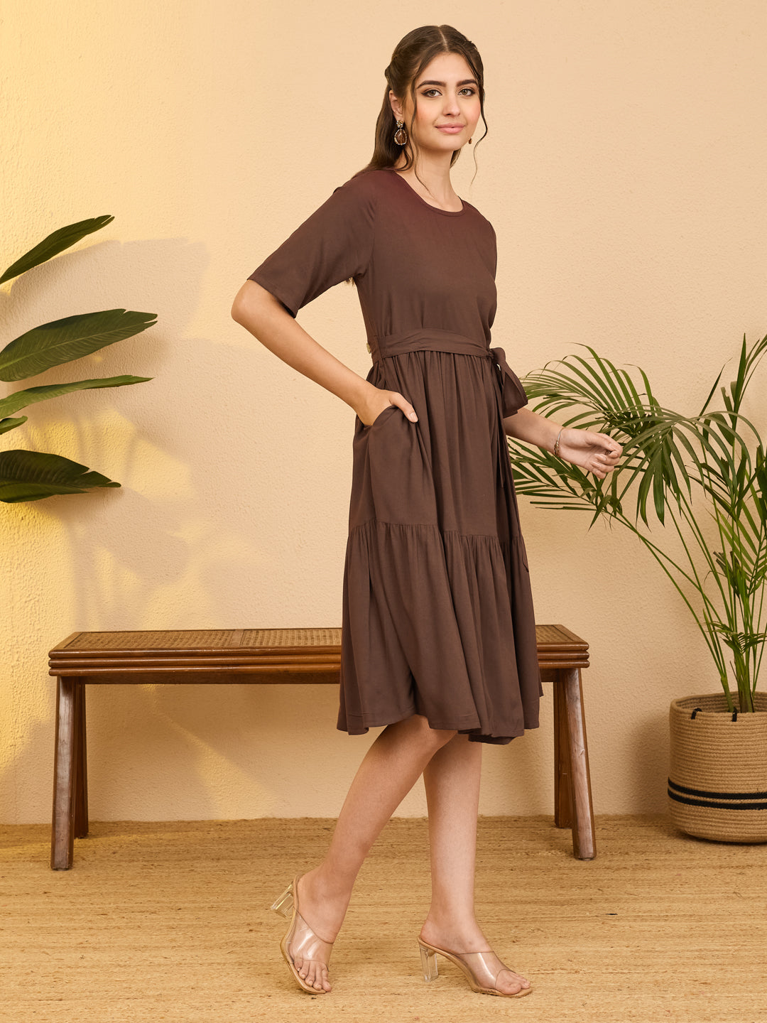 Janasya Women's Brown Rayon Solid Fit & Flare Dress