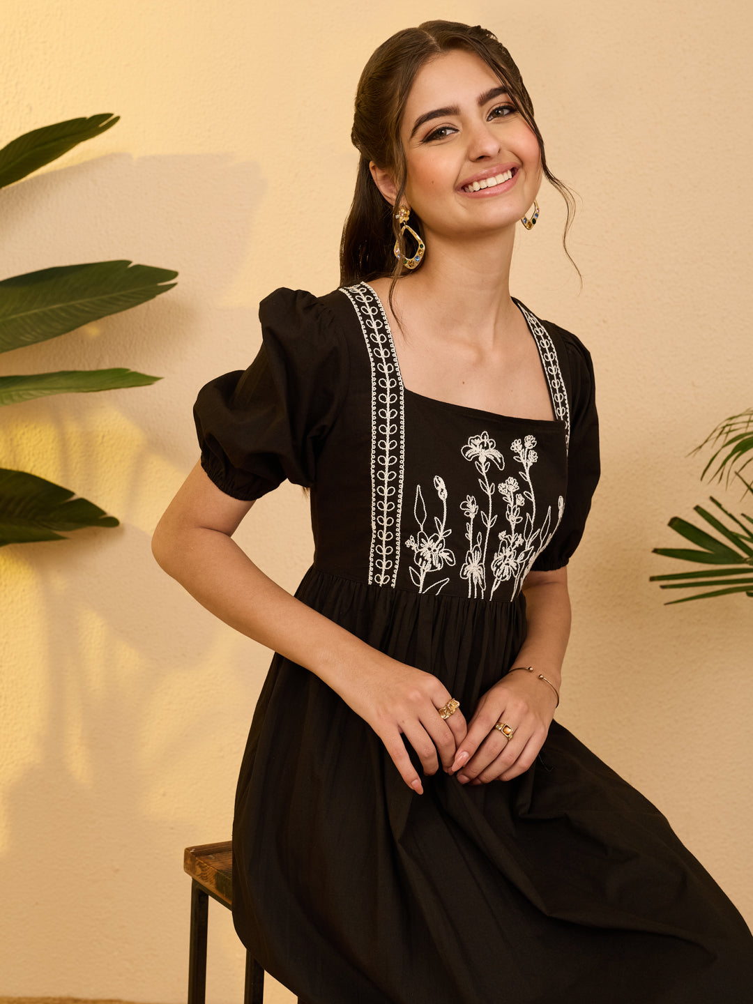 Janasya Women's Black Pure Cotton Floral Embroidered Gathered Dress