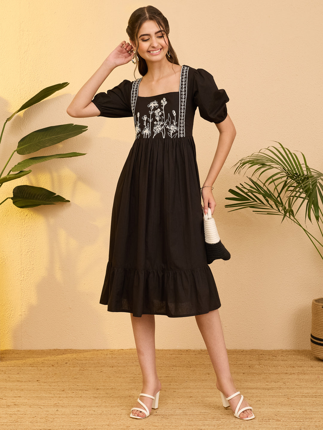 Janasya Women's Black Pure Cotton Floral Embroidered Gathered Dress