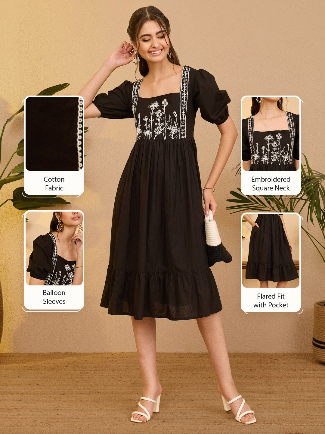 Janasya Women's Black Pure Cotton Floral Embroidered Gathered Dress