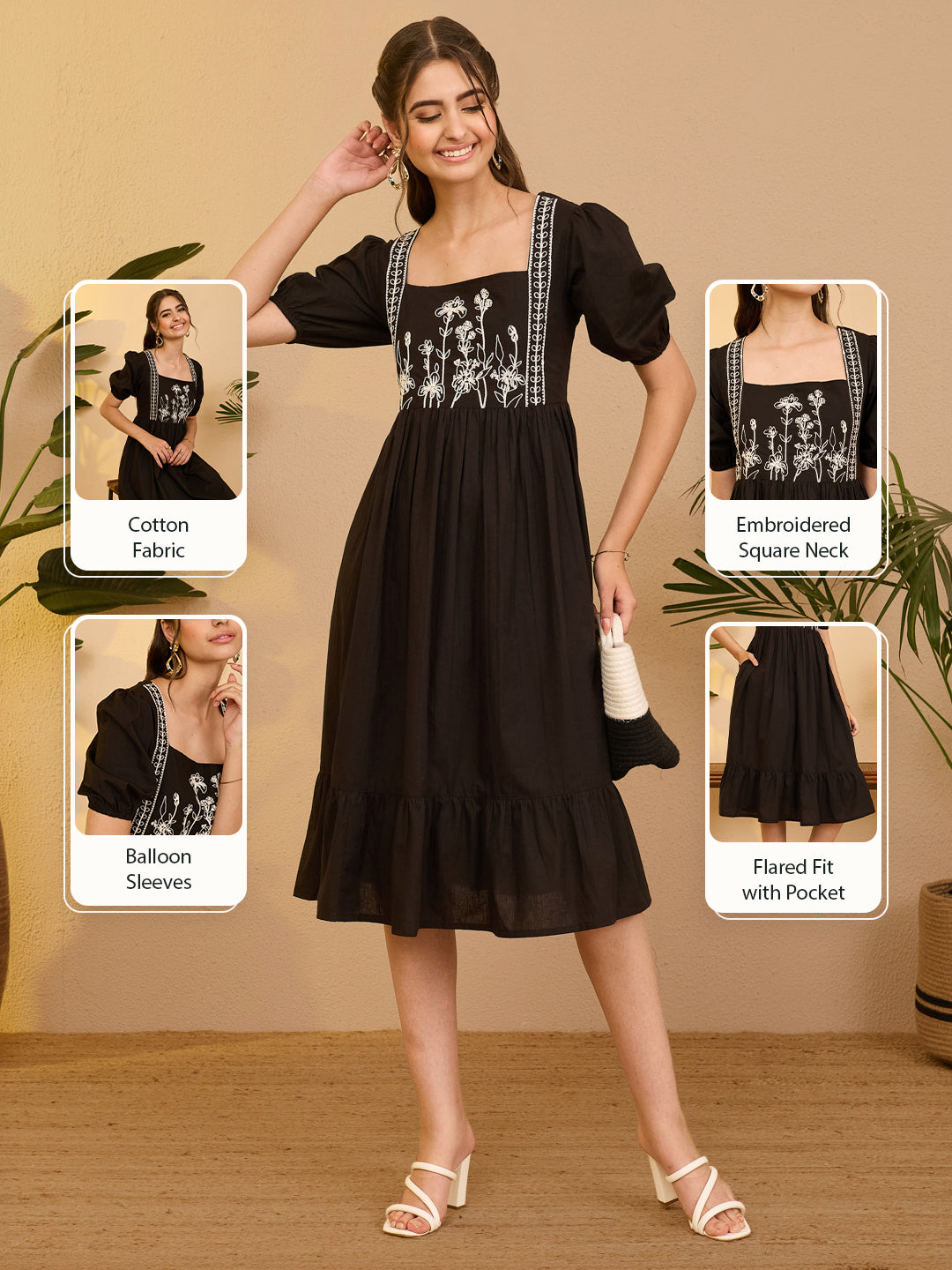 Janasya Women's Black Pure Cotton Floral Embroidered Gathered Dress