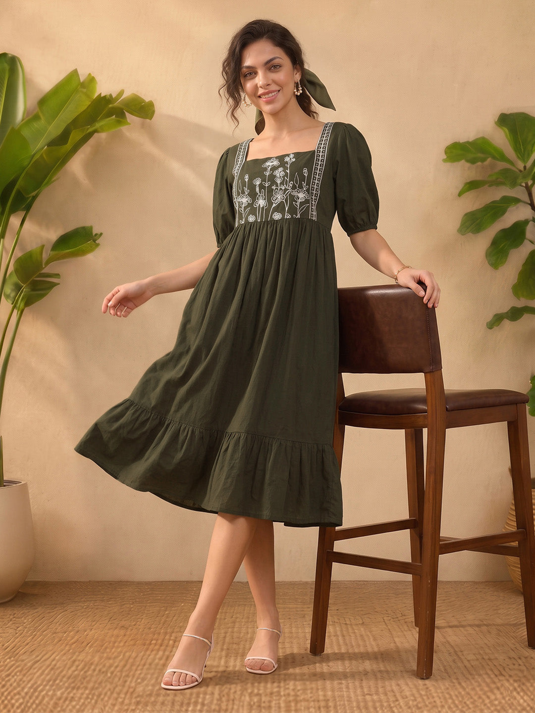 Janasya Women's Olive Green Linen Cotton Embroidered A-Line Dress