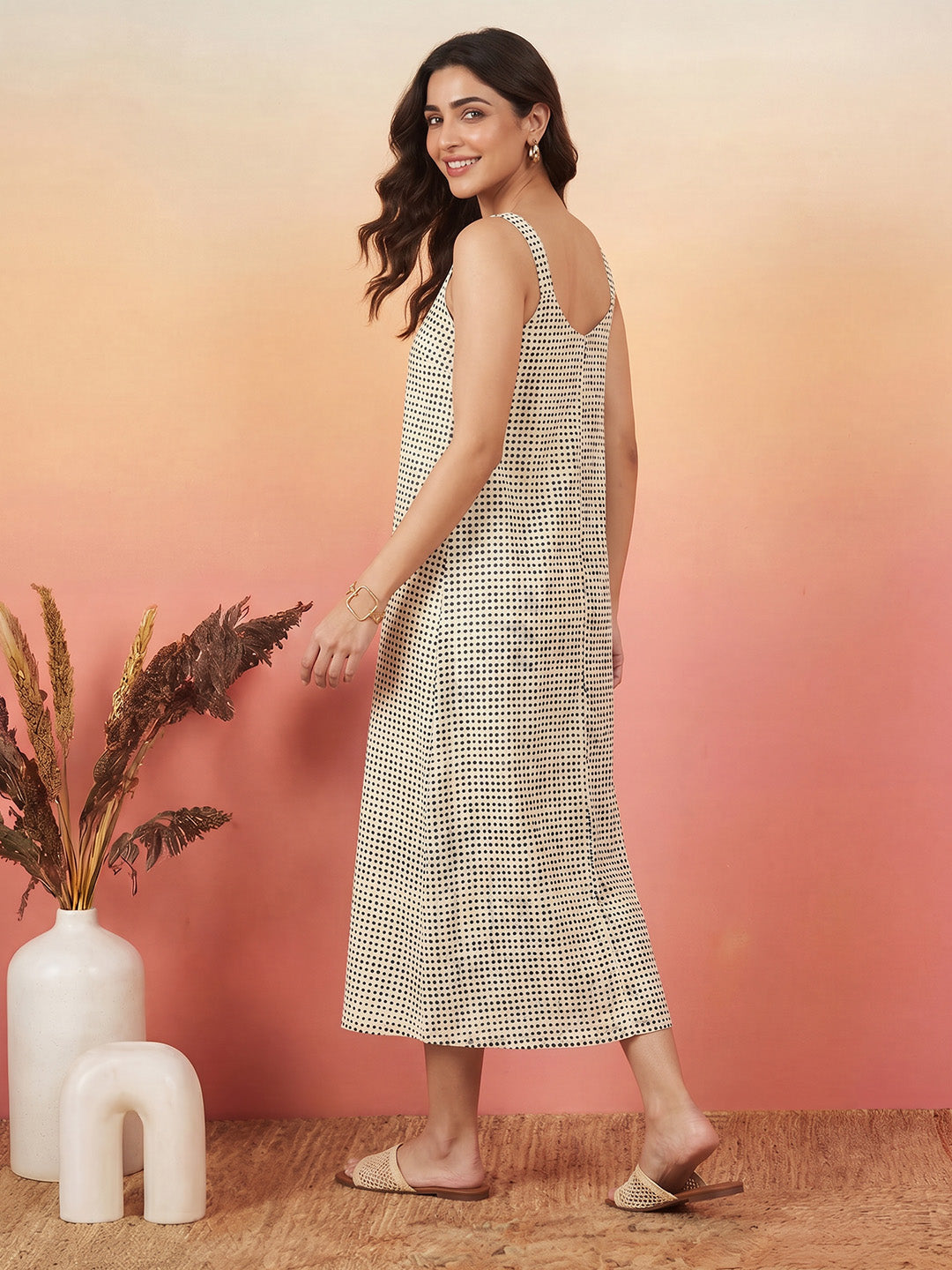 Janasya Women's Cream Pure Cotton Polka Dot Printed A-Line Dress