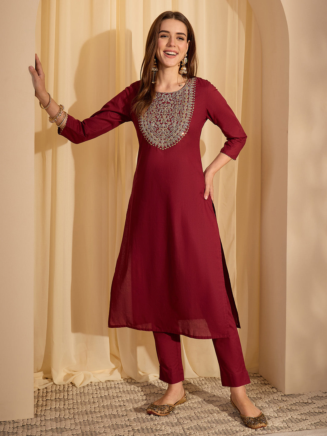 Janasya Women's Maroon Pure Cotton Zari Yoke Embroidered Straight Kurta With Pant Set