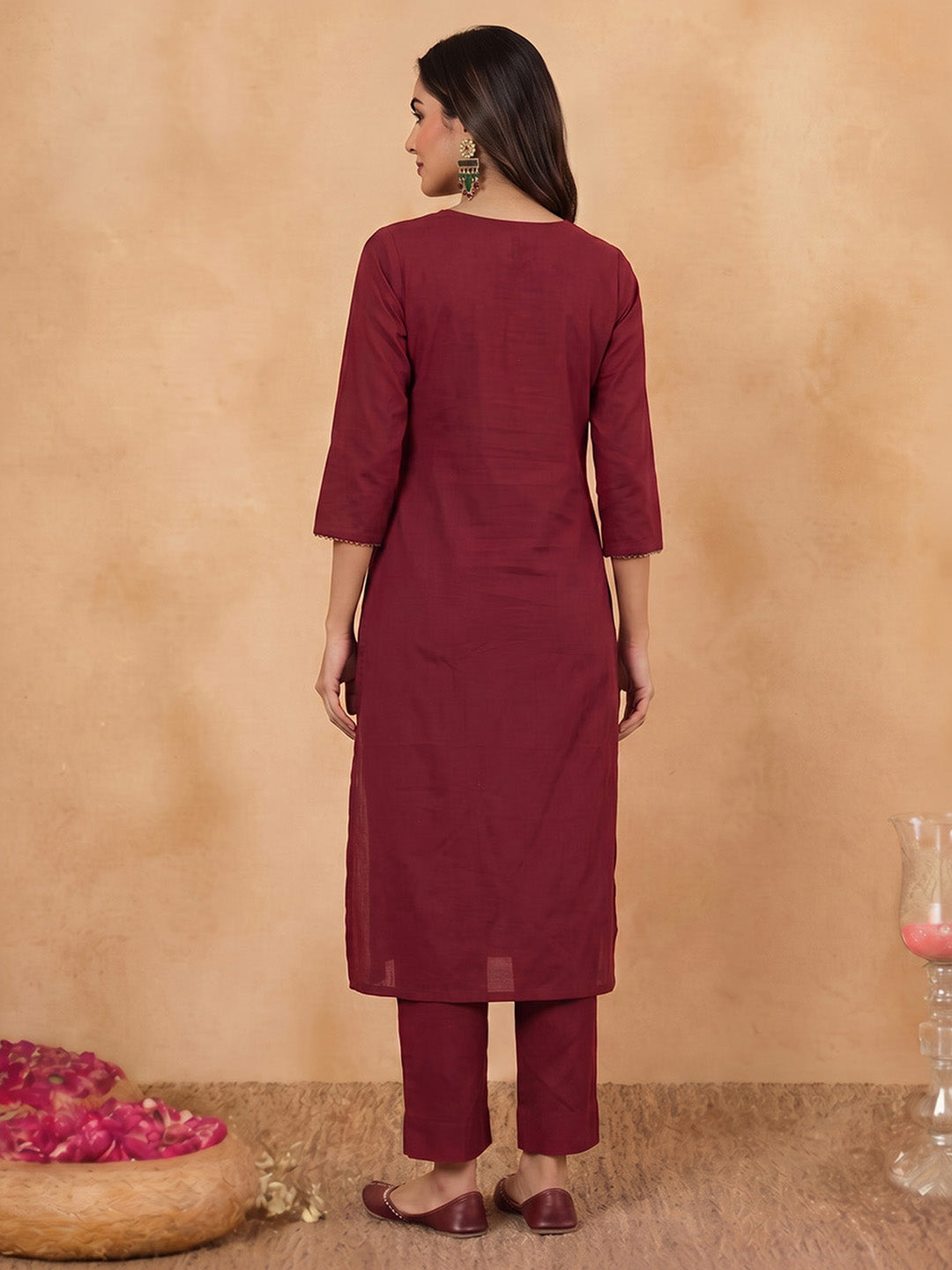 Janasya Women's Maroon Pure Cotton Zari Yoke Embroidered Straight Kurta With Pant Set