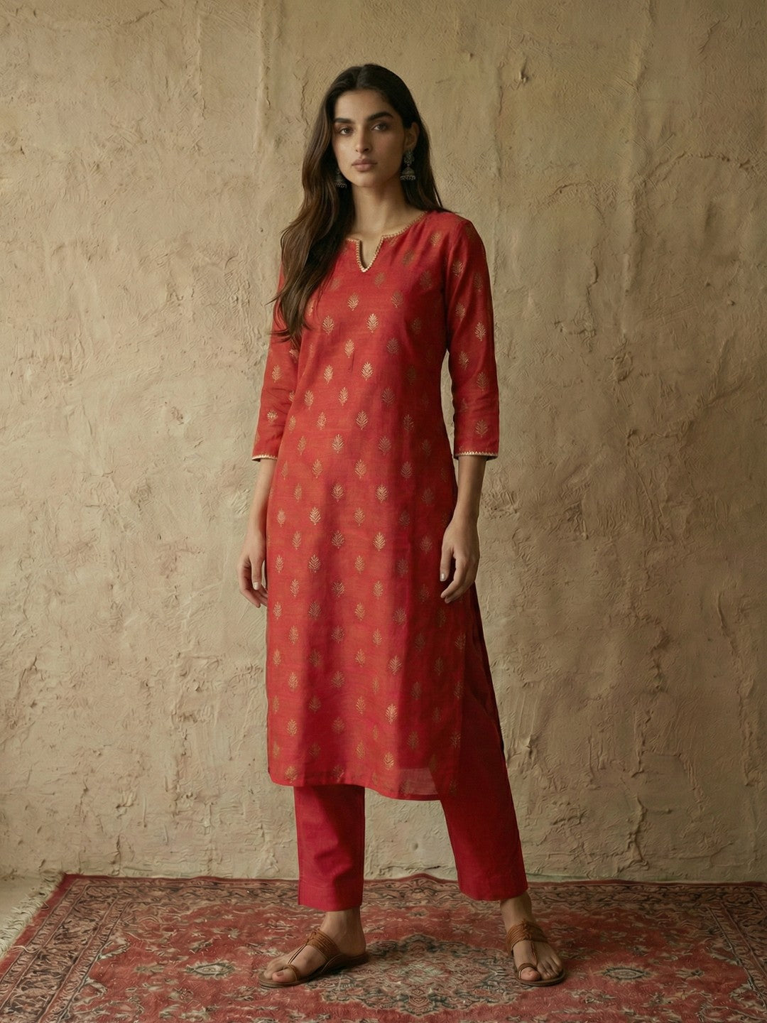 Janasya Women's Red Silk Blend Foil Printed Straight Kurta Pant Set