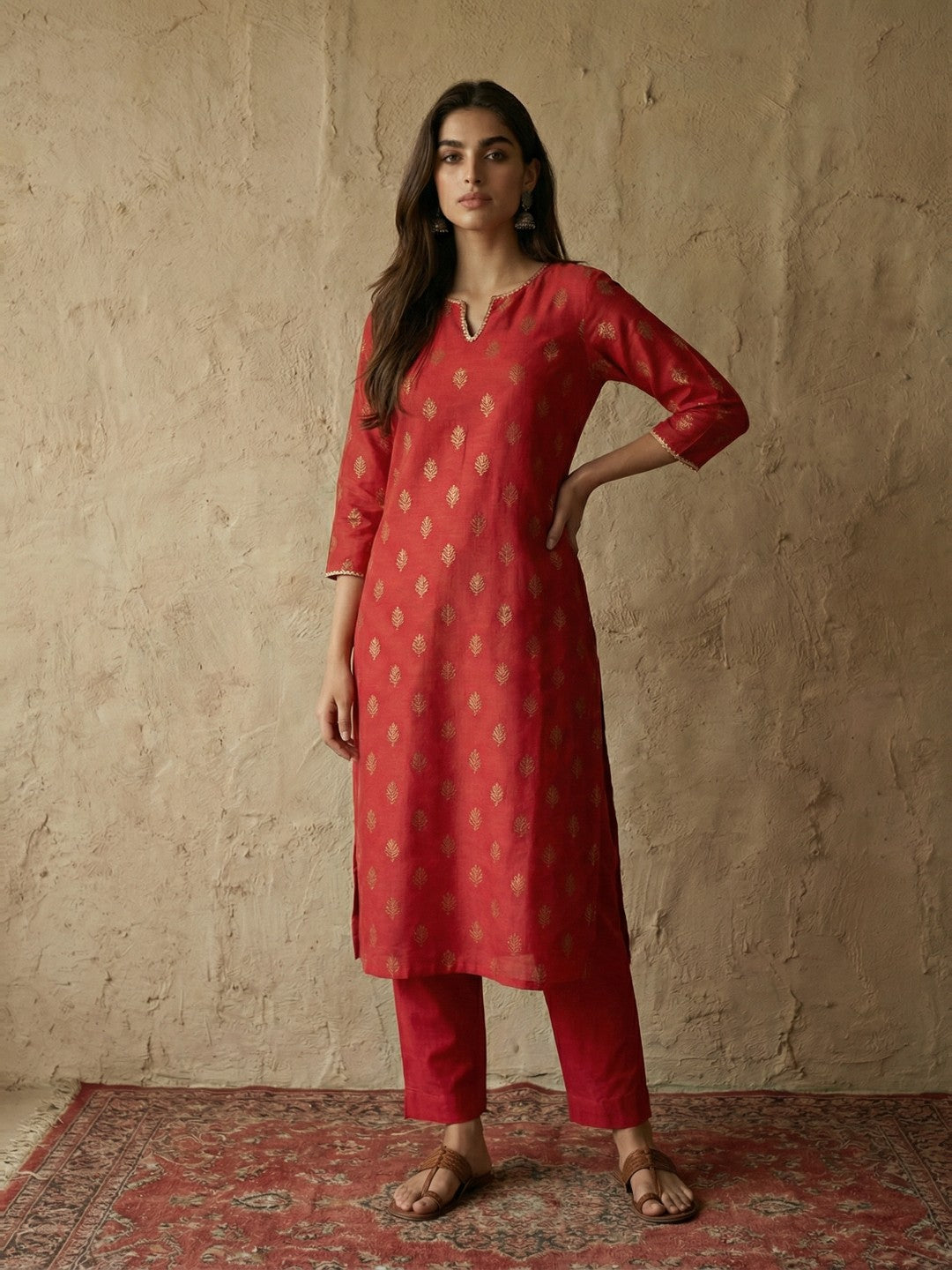 Janasya Women's Red Silk Blend Foil Printed Straight Kurta Pant Set