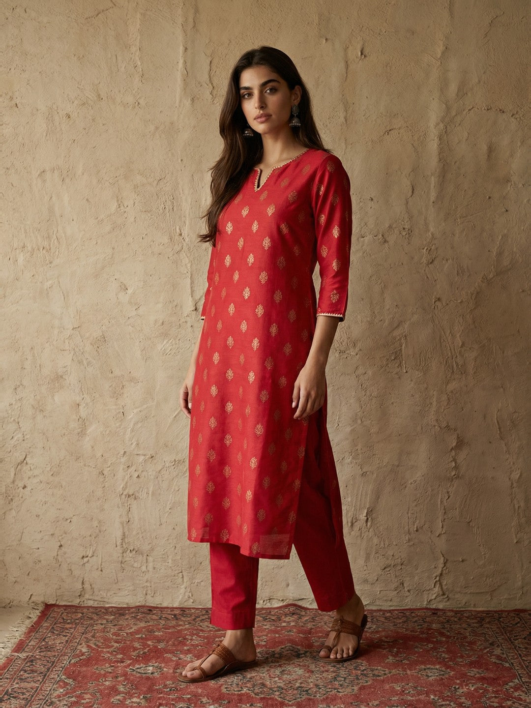 Janasya Women's Red Silk Blend Foil Printed Straight Kurta Pant Set