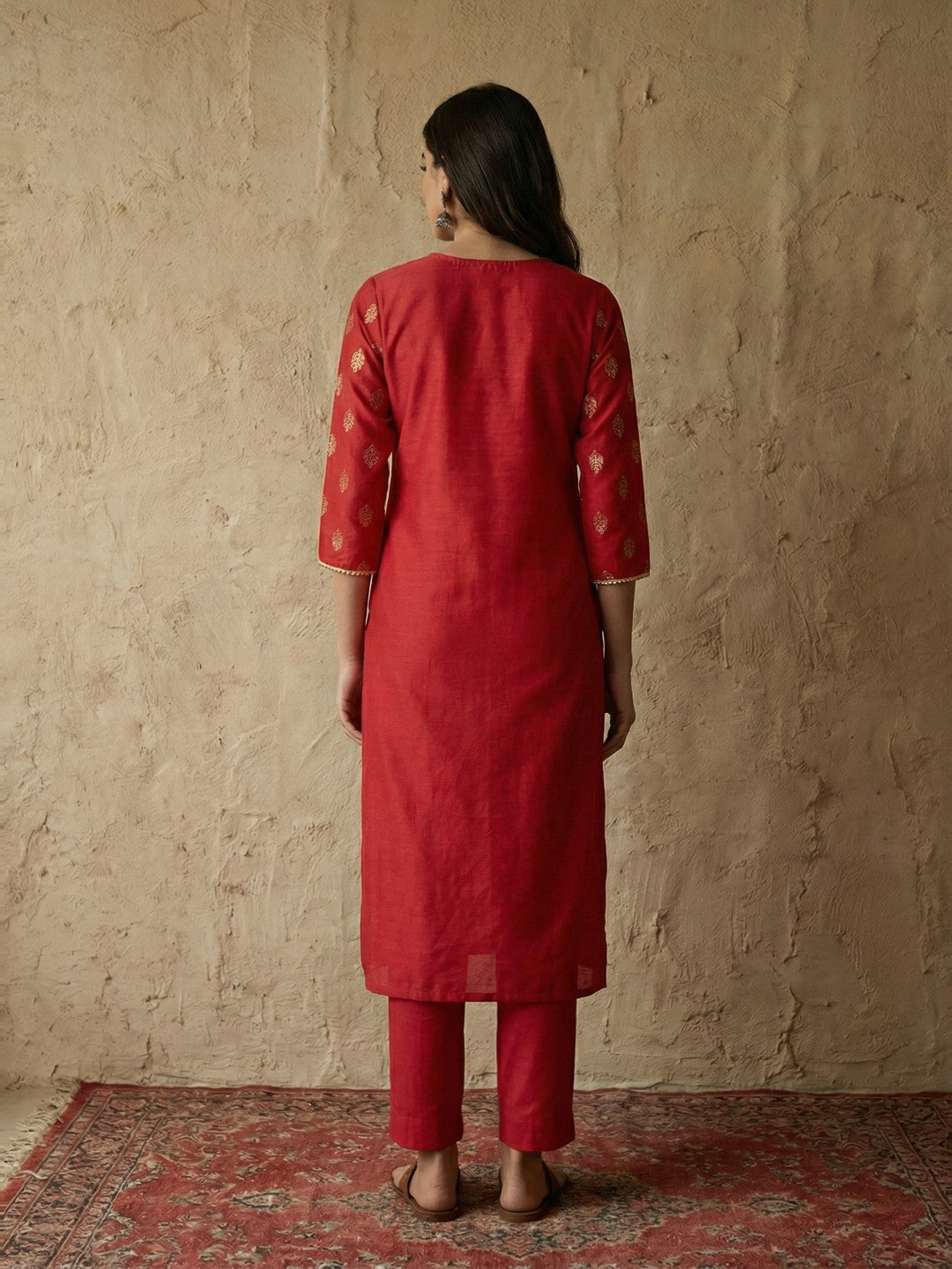 Janasya Women's Red Silk Blend Foil Printed Straight Kurta Pant Set