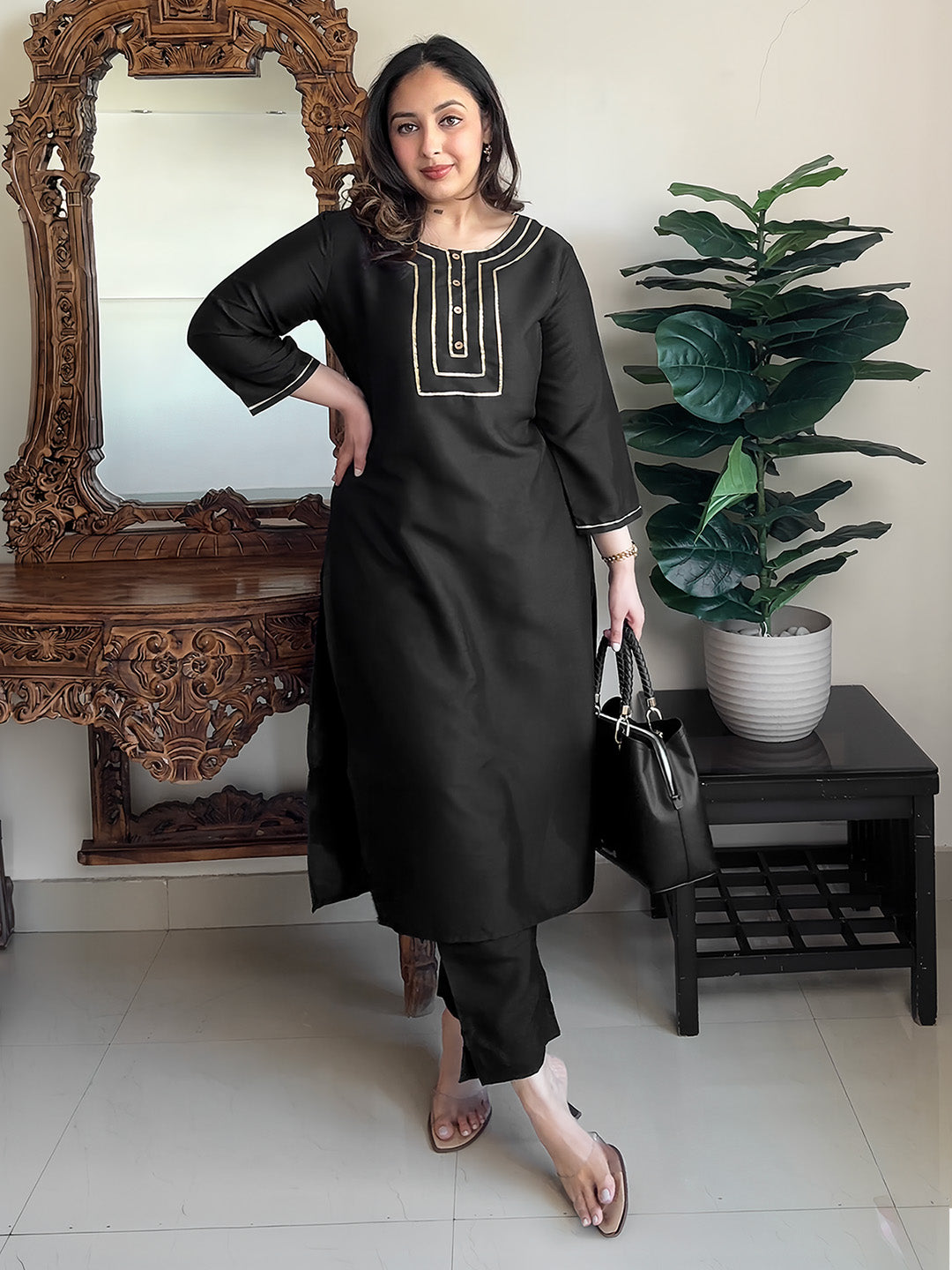 Janasya Women's Black Color Crepe Silk Solid Straight Kurta Pant Set