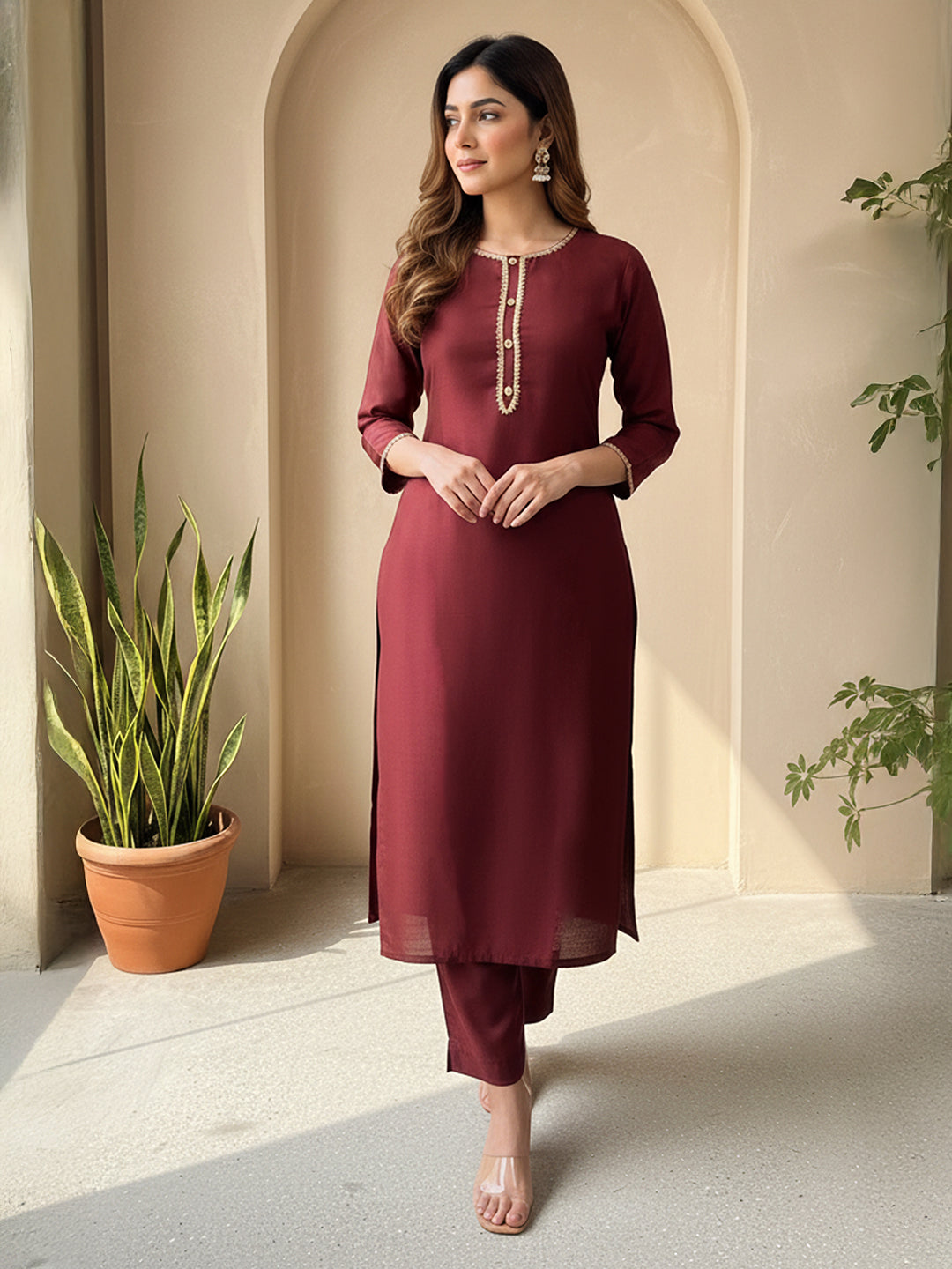 Janasya Women's Brown Crepe Silk Yoke Design Straight Kurta Pant Set