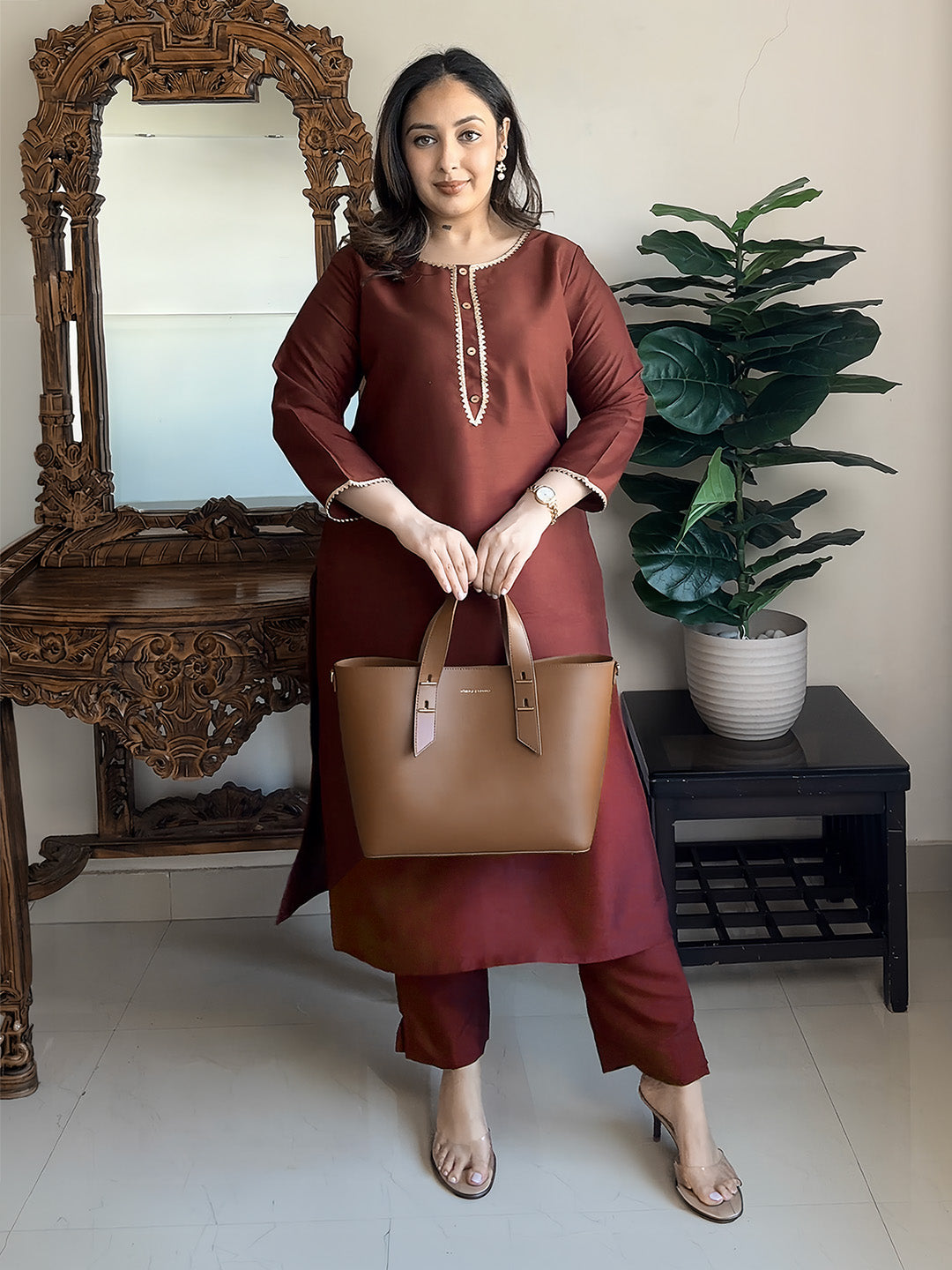 Janasya Women's Brown Crepe Silk Yoke Design Straight Kurta Pant Set