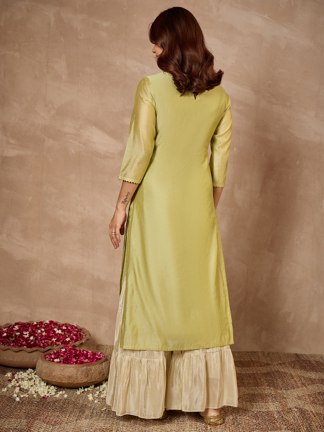 Janasya Women's Mint Green Mull Chanderi Yoke Embroidered Straight Kurta