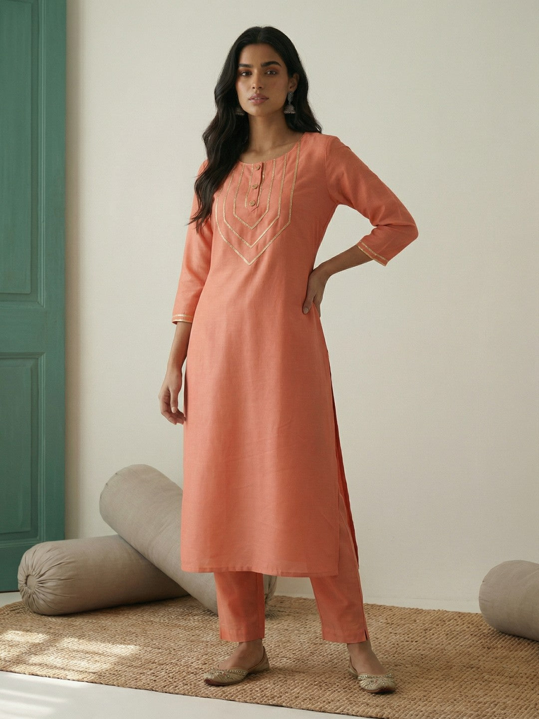 Janasya Women's Peach Silk Blend Solid Straight Kurta