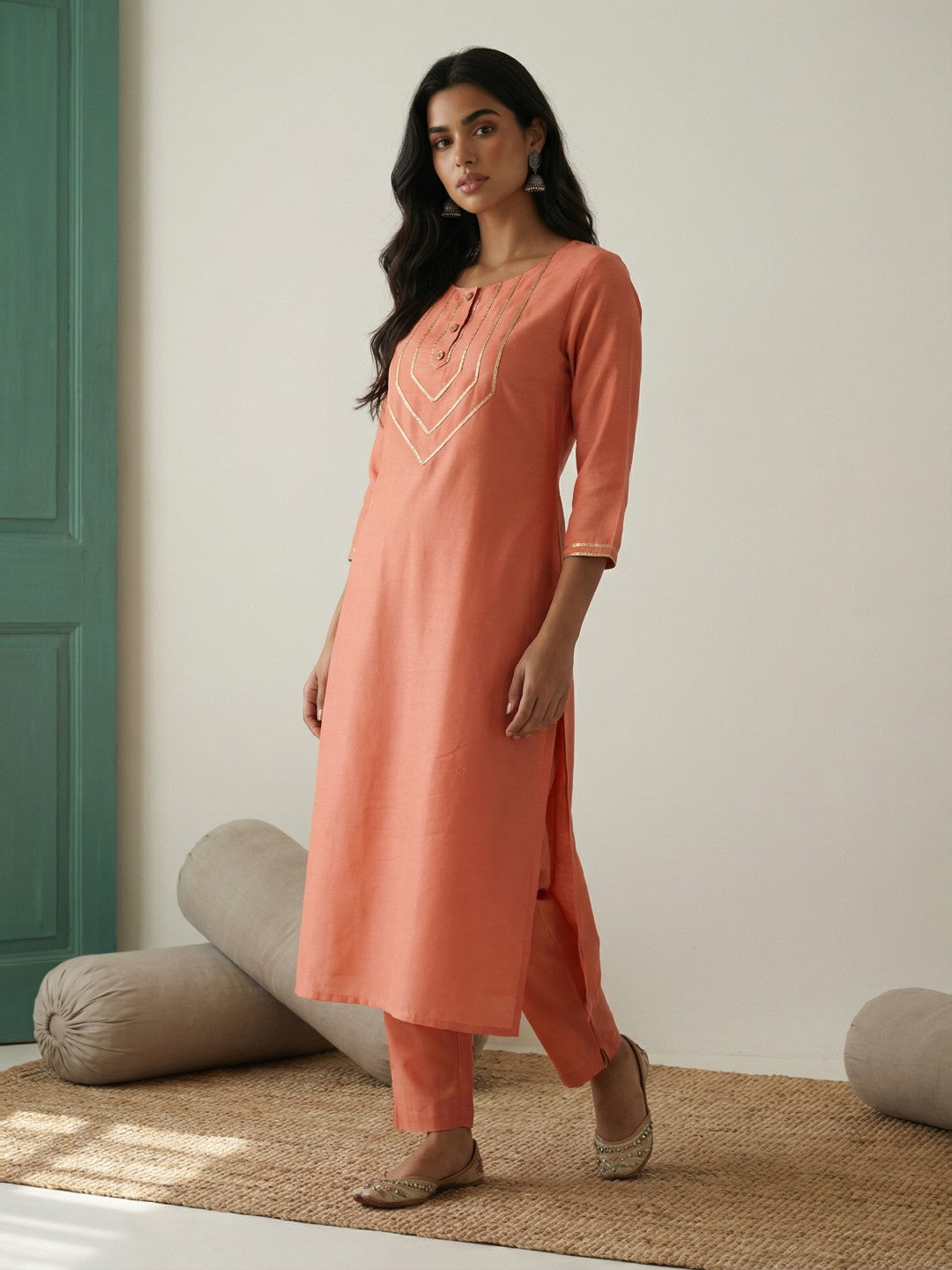 Janasya Women's Peach Silk Blend Solid Straight Kurta