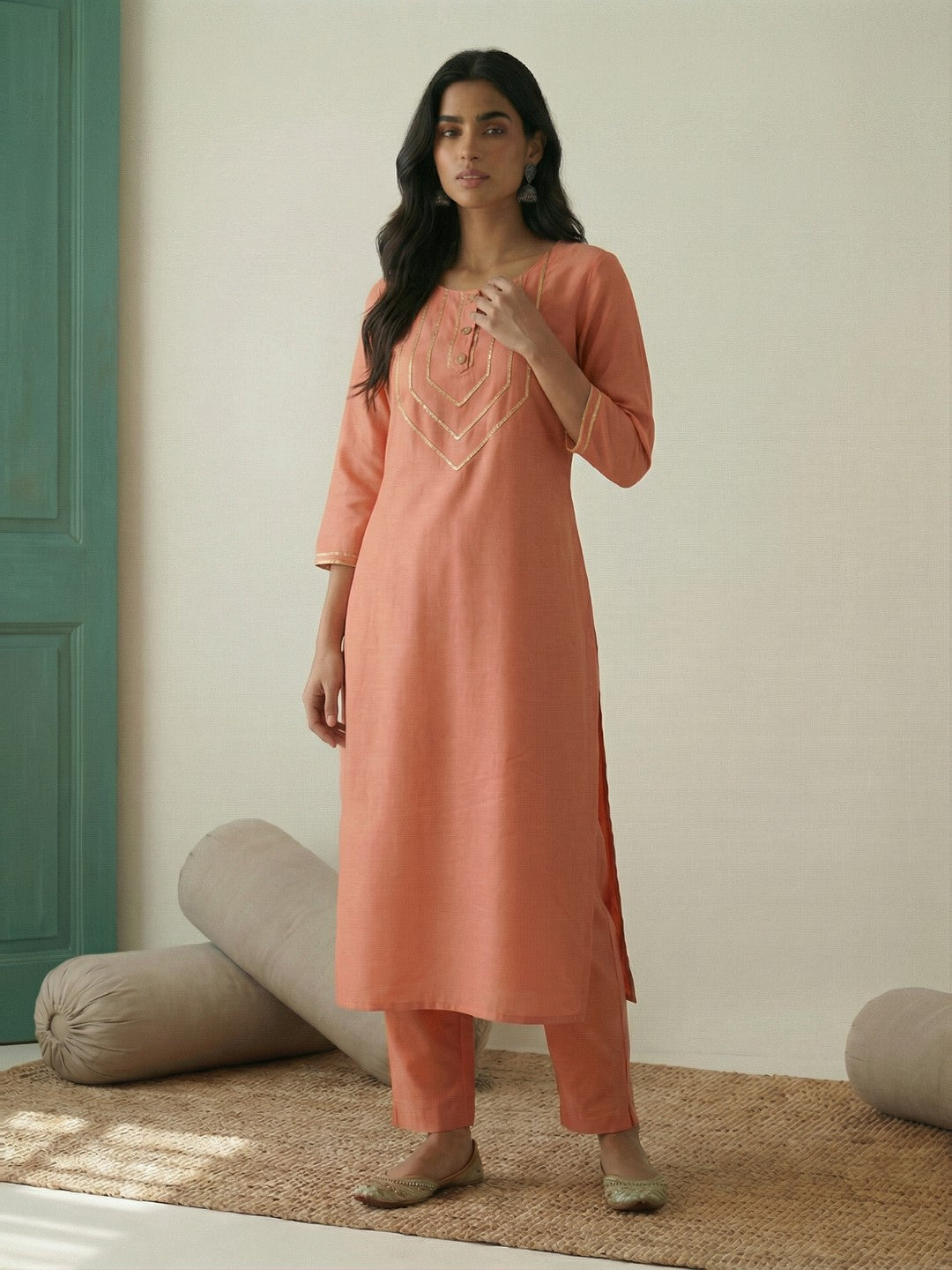 Janasya Women's Peach Silk Blend Solid Straight Kurta