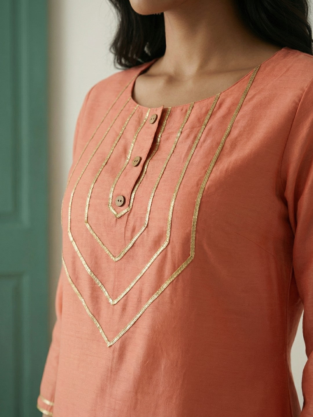 Janasya Women's Peach Silk Blend Solid Straight Kurta