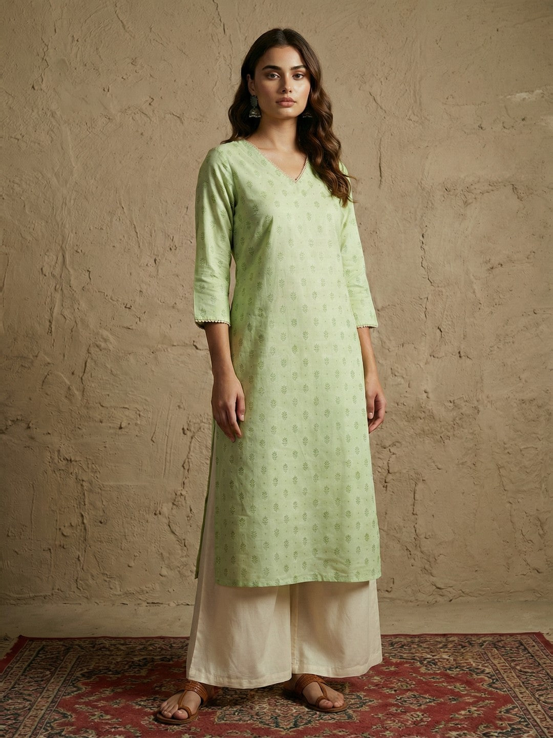 Janasya Women's Mint Green Silk Blend Foil Printed Straight Kurta
