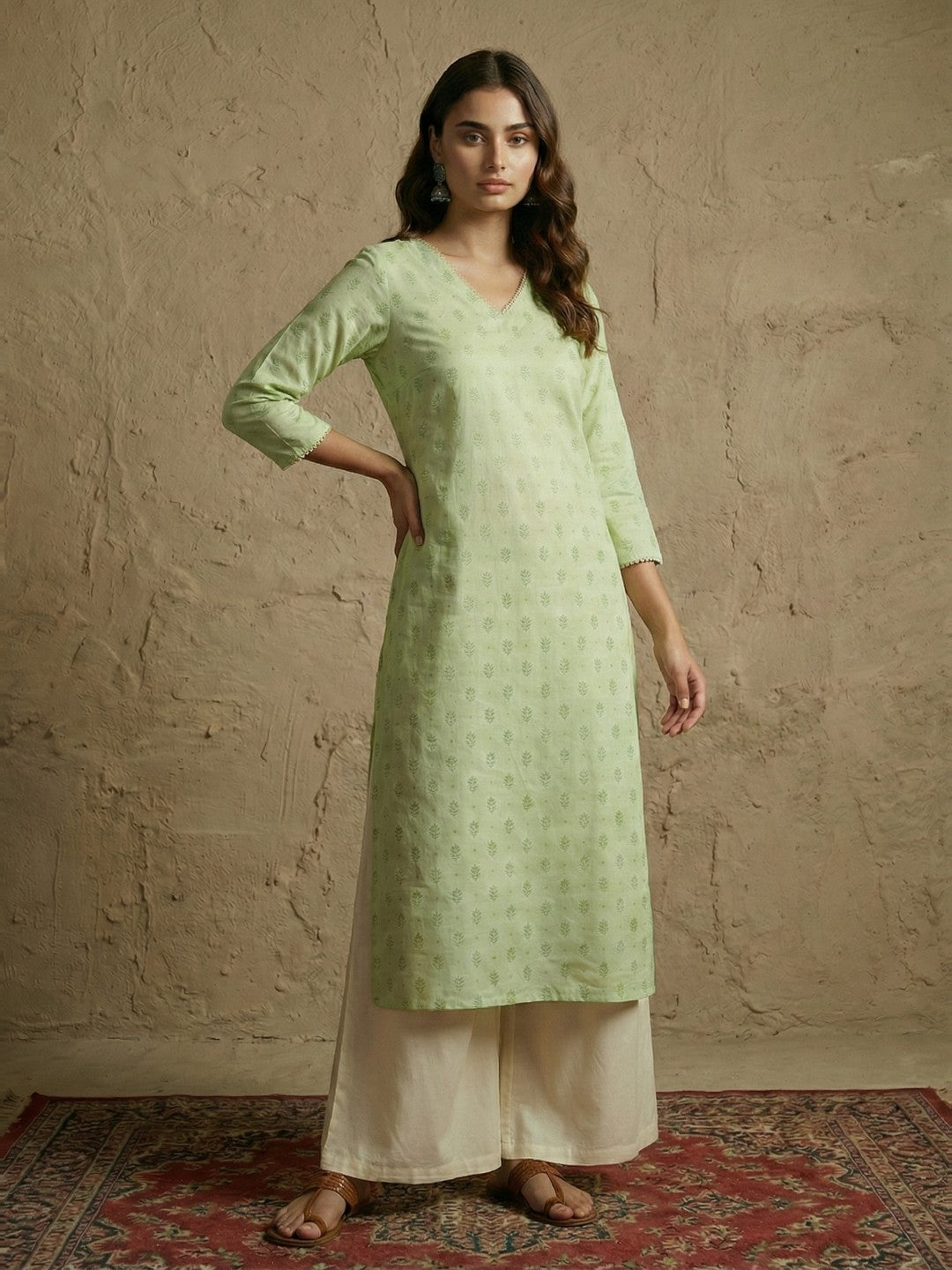 Janasya Women's Mint Green Silk Blend Foil Printed Straight Kurta