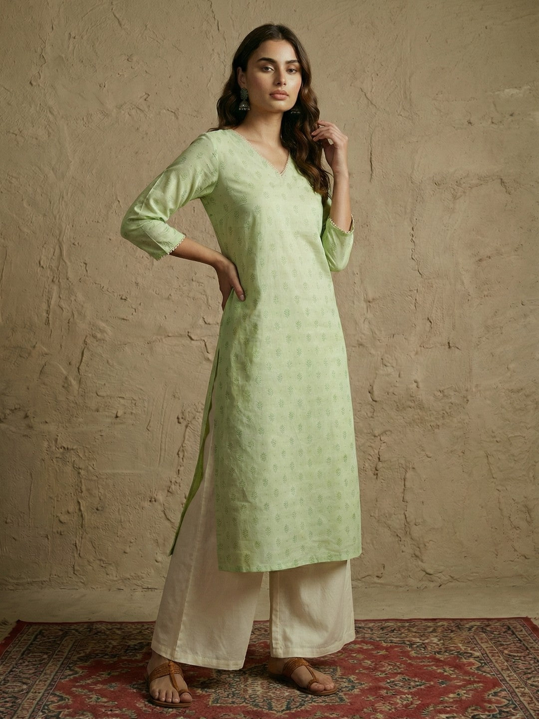 Janasya Women's Mint Green Silk Blend Foil Printed Straight Kurta