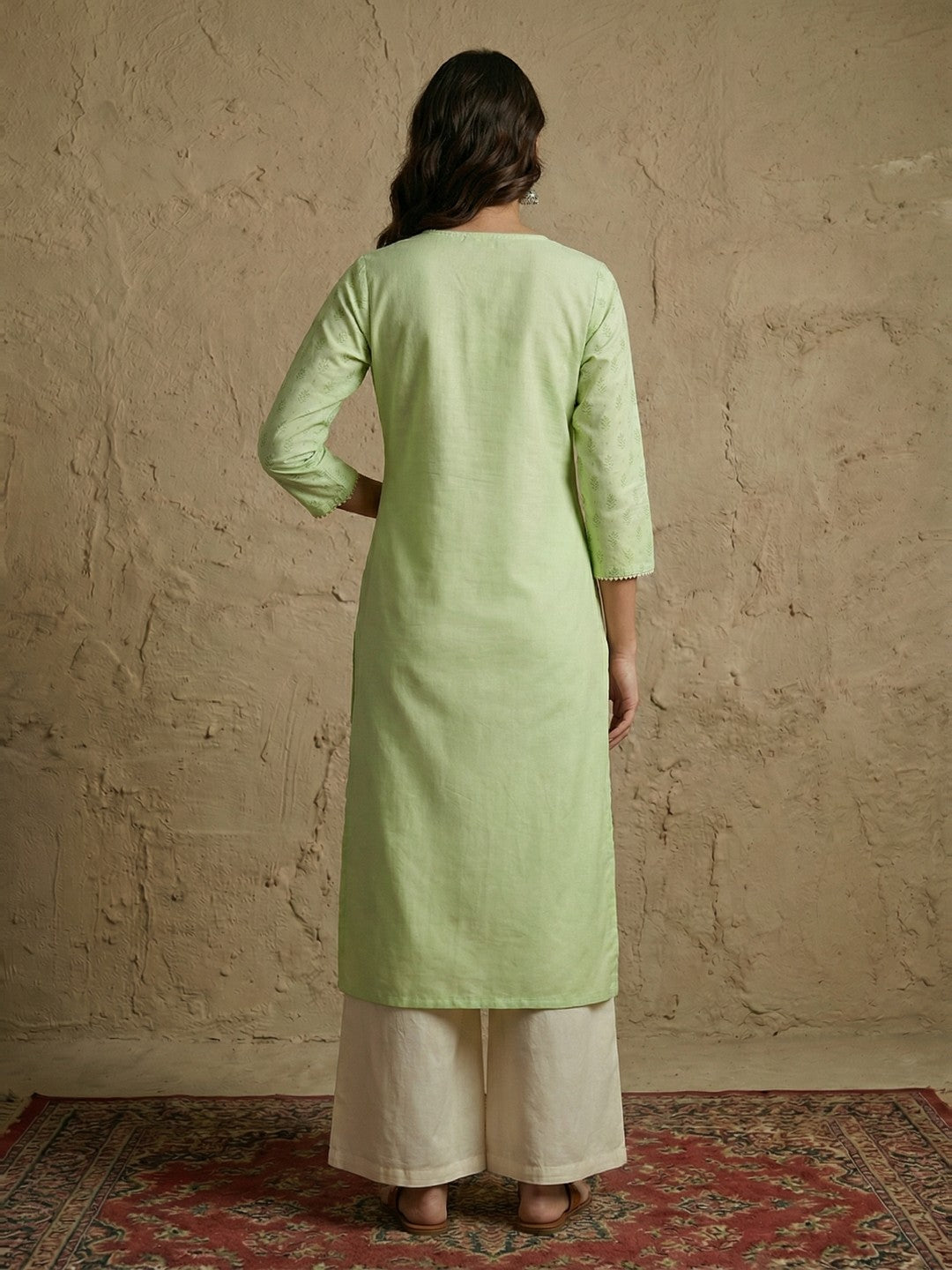 Janasya Women's Mint Green Silk Blend Foil Printed Straight Kurta