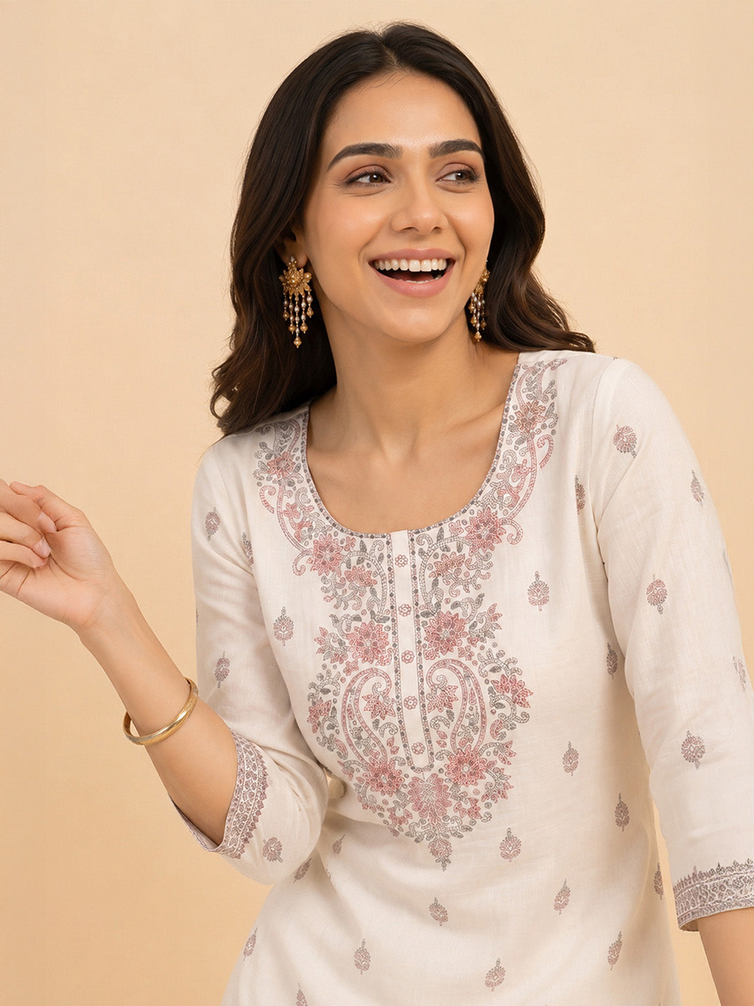 Janasya Women's Off White Pure Cotton Ethnic Motifs Printed Straight Kurta