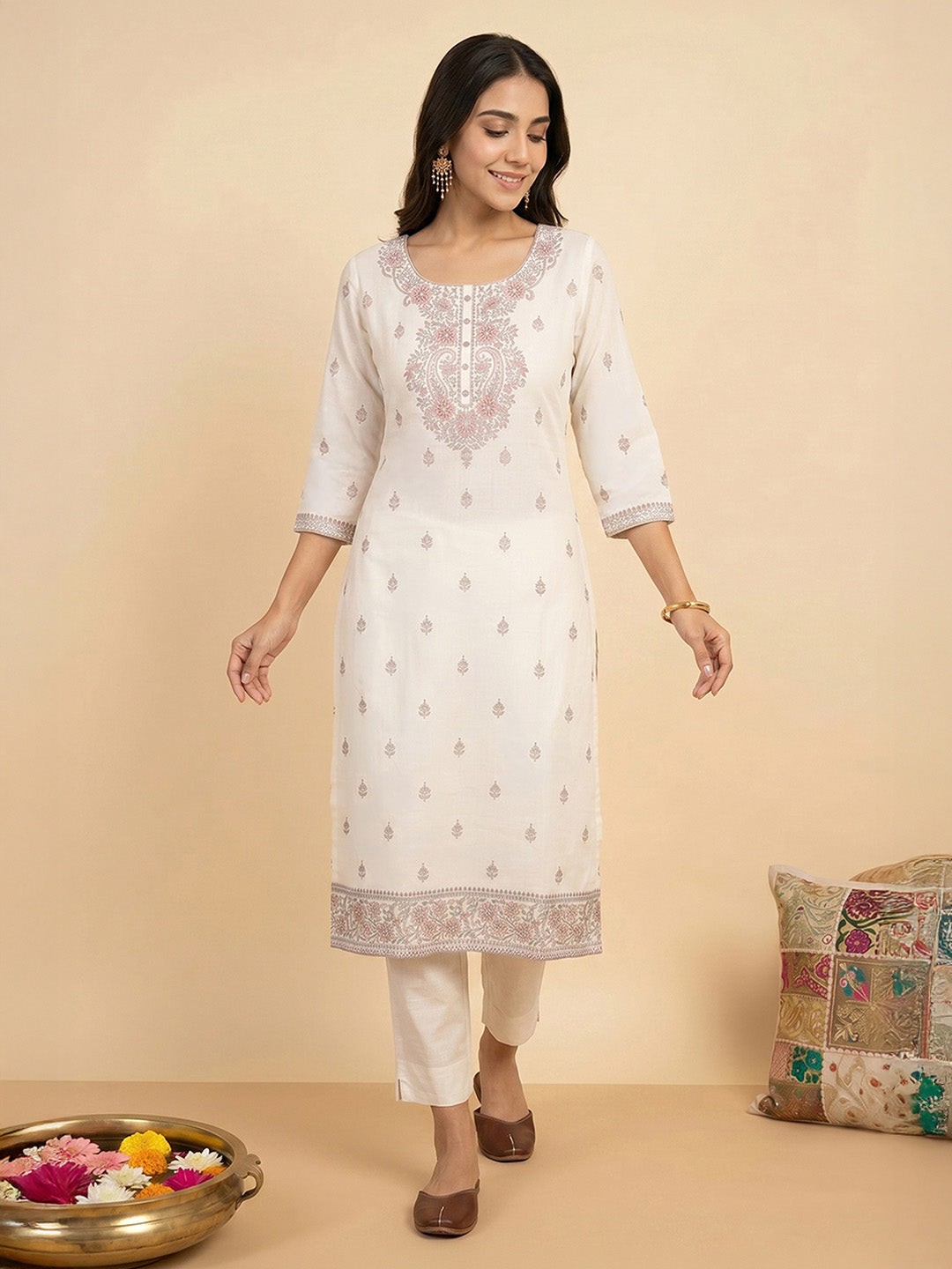 Janasya Women's Off White Pure Cotton Ethnic Motifs Printed Straight Kurta