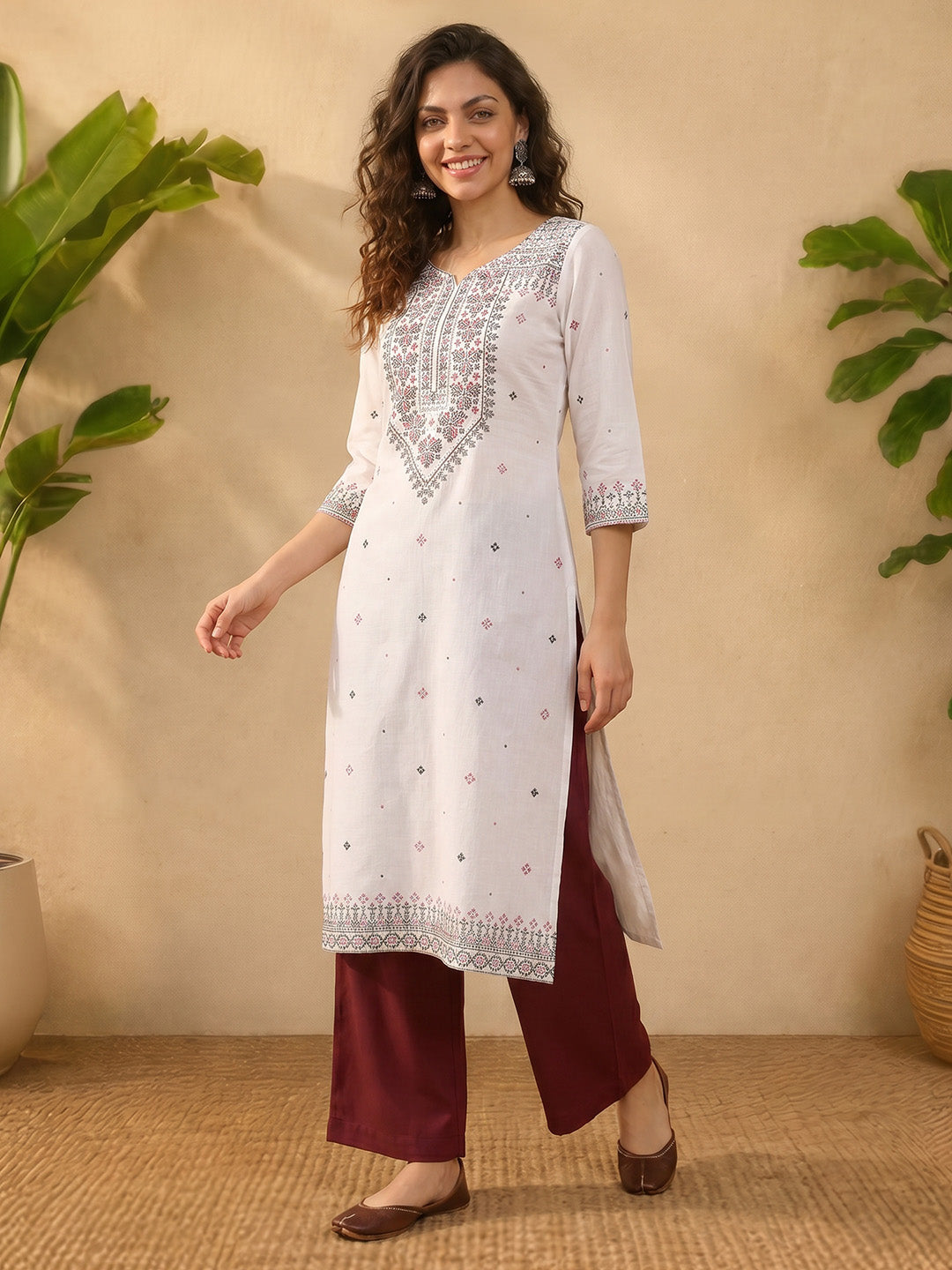 Janasya Women's White Linen Cotton Kasuti Motif Printed Straight Kurta