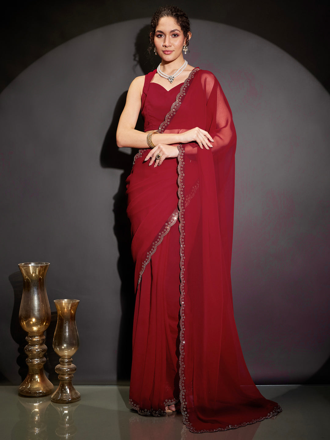Janasya Women's Red Georgette One-Minute Ready-to-Wear Embellished Saree with Unstitched Blouse
