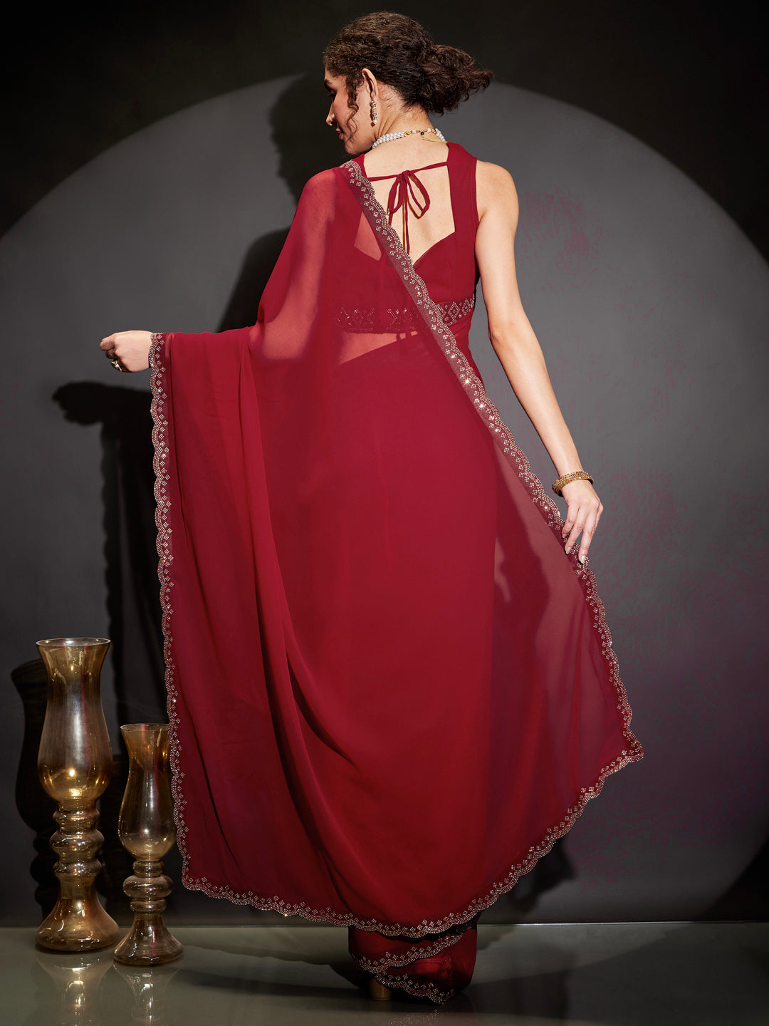 Janasya Women's Red Georgette One-Minute Ready-to-Wear Embellished Saree with Unstitched Blouse