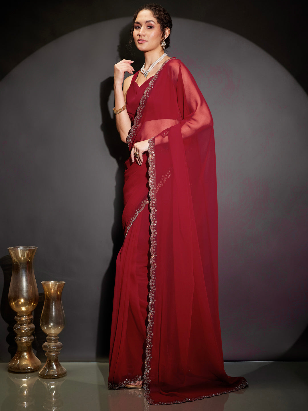 Janasya Women's Red Georgette One-Minute Ready-to-Wear Embellished Saree with Unstitched Blouse