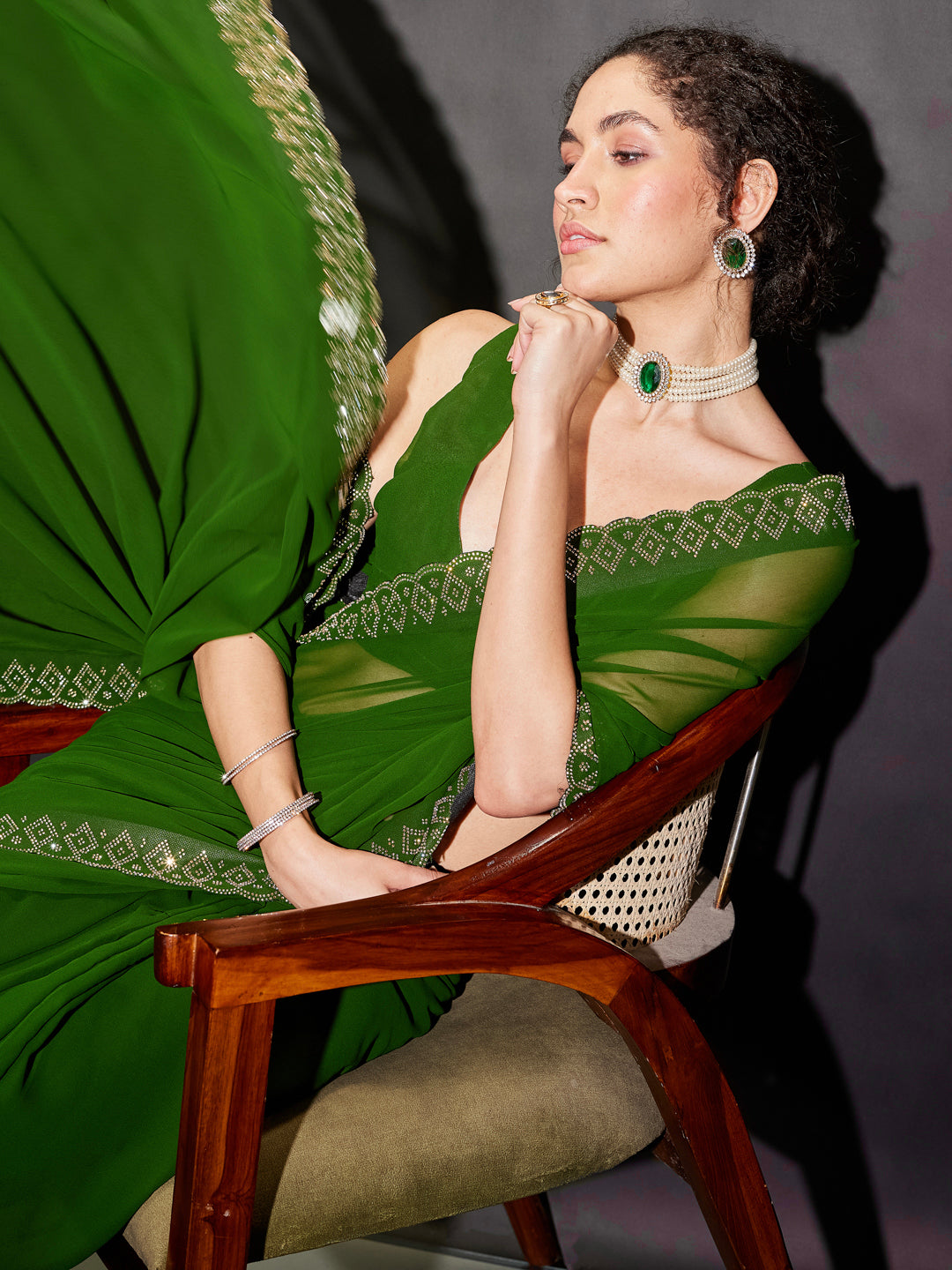 Janasya Women's Dark Green Georgette Ready To Wear Embellished Saree with Unstitched Blouse