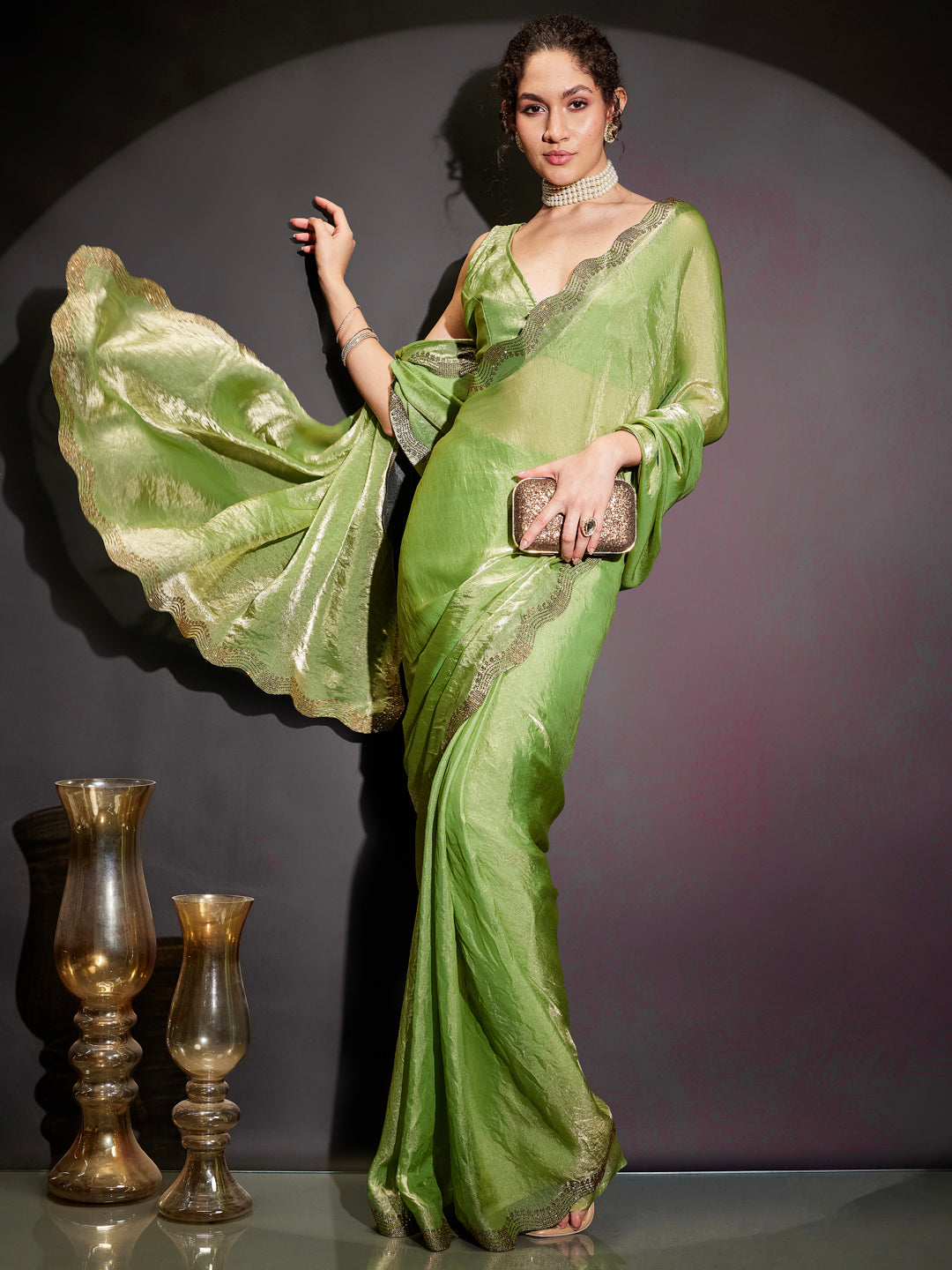 Janasya Women's Green & Gold Tissue Silk Ready To Wear Embellished Saree with Unstitched Blouse